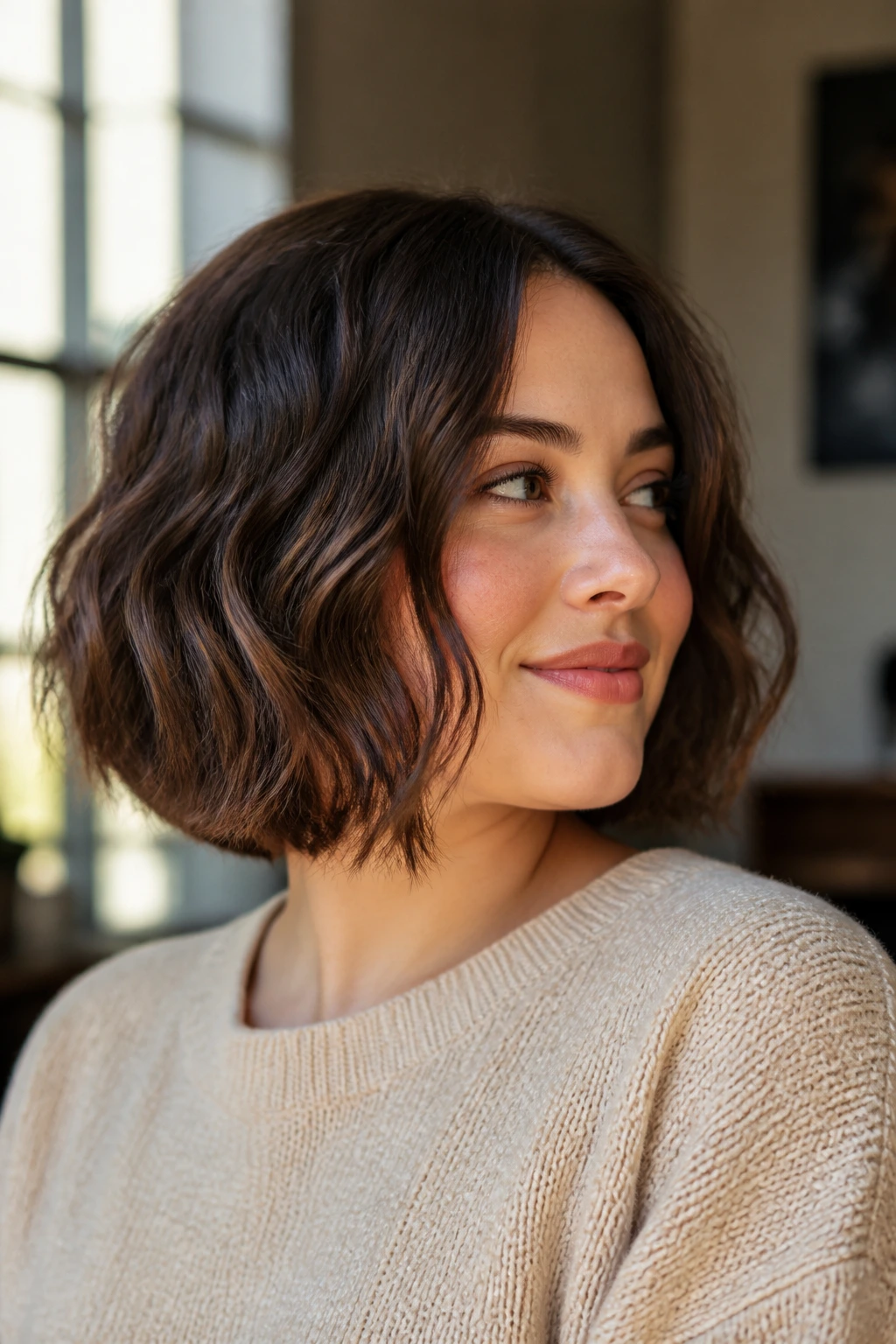 Close-up of a real woman with a below-chin bob and soft waves balancing a round face
