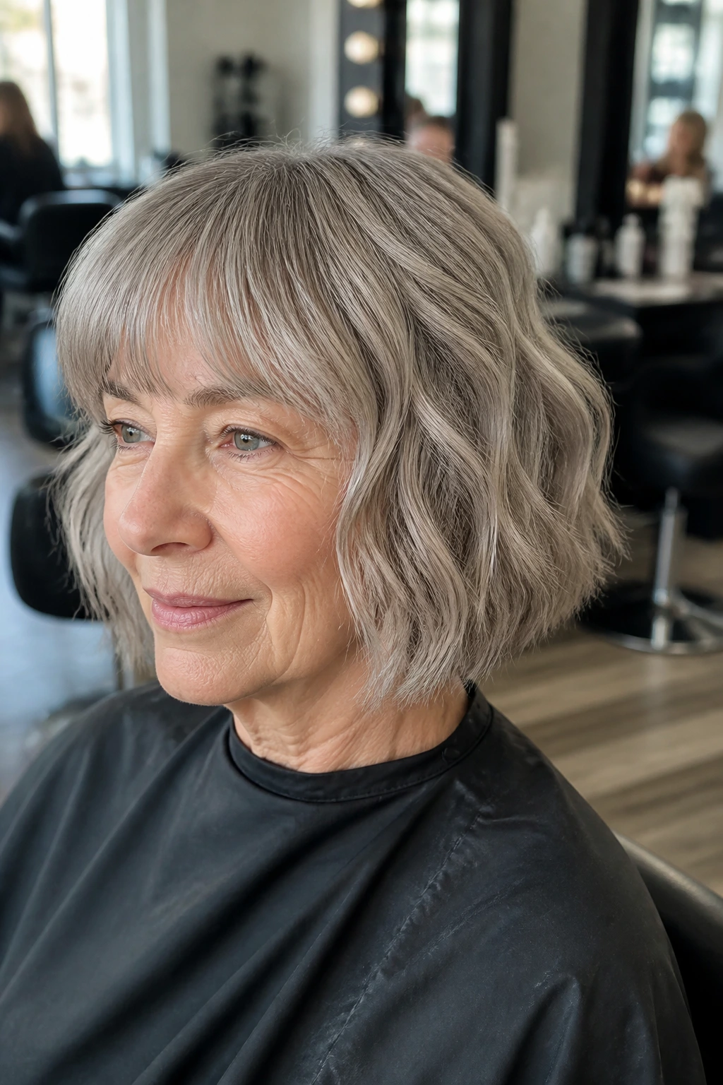 Portrait of a real person with a classic bob in a salon chair.