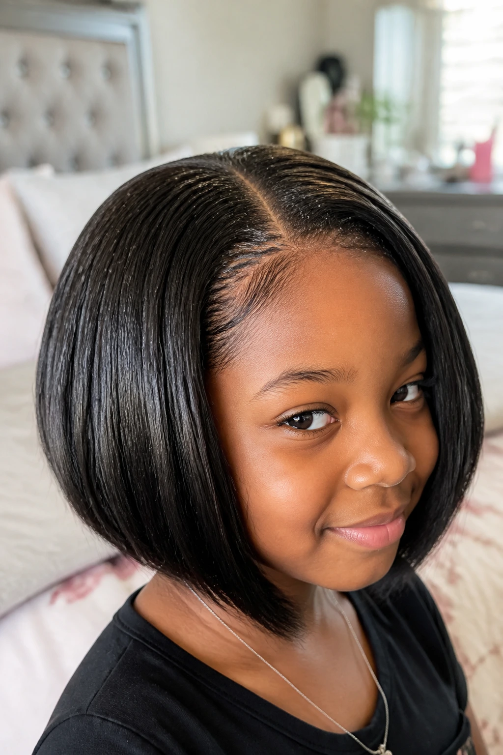 Close-up portrait of a real child with bob sew-in showing flat braid base and fuller ends