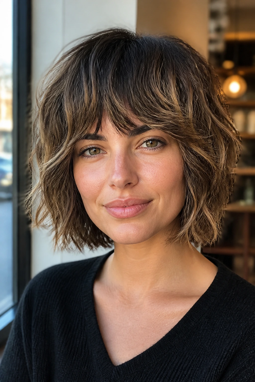 Close-up portrait of a real person with bob-shag hybrid hairstyle.