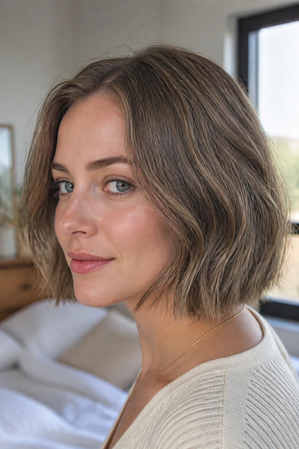 Close-up portrait of a real woman showcasing a well-balanced bob for 2B hair with face-framing and weighted ends in warm natural light