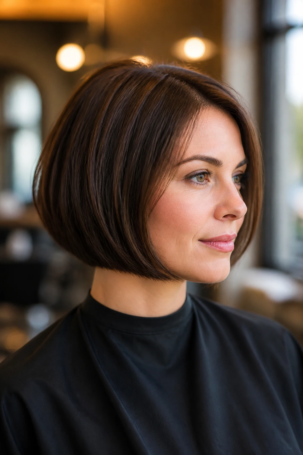 Close-up of a real woman with a crisp chin-length bob showing a sharp shape