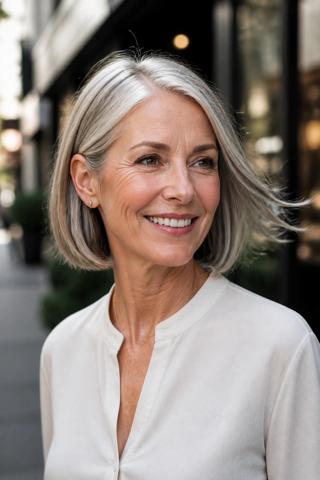 Portrait of a real woman with a sharp bob hairstyle outdoors in daylight