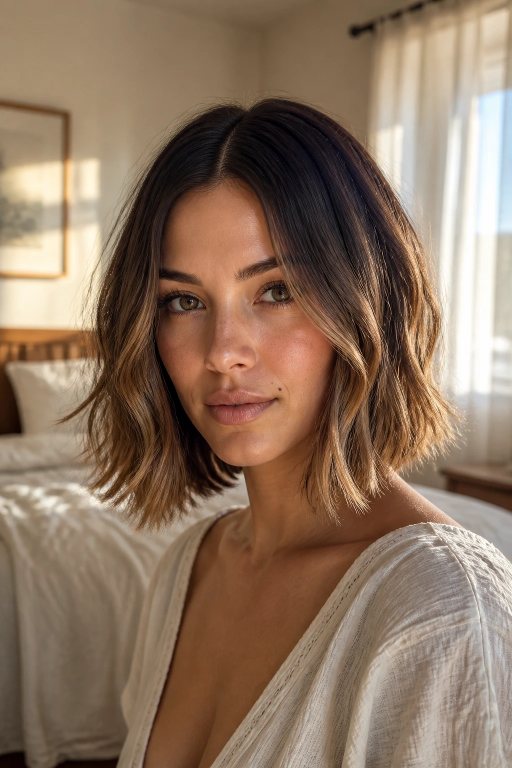 Close-up of a real woman with a medium bob and beachy waves starting under the cheekbones.