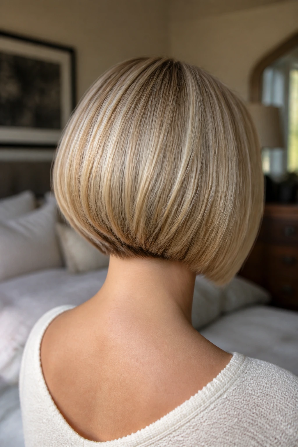 Back view of a real woman with a bob showing nape lift, blunt ends, and crown volume for fine hair.