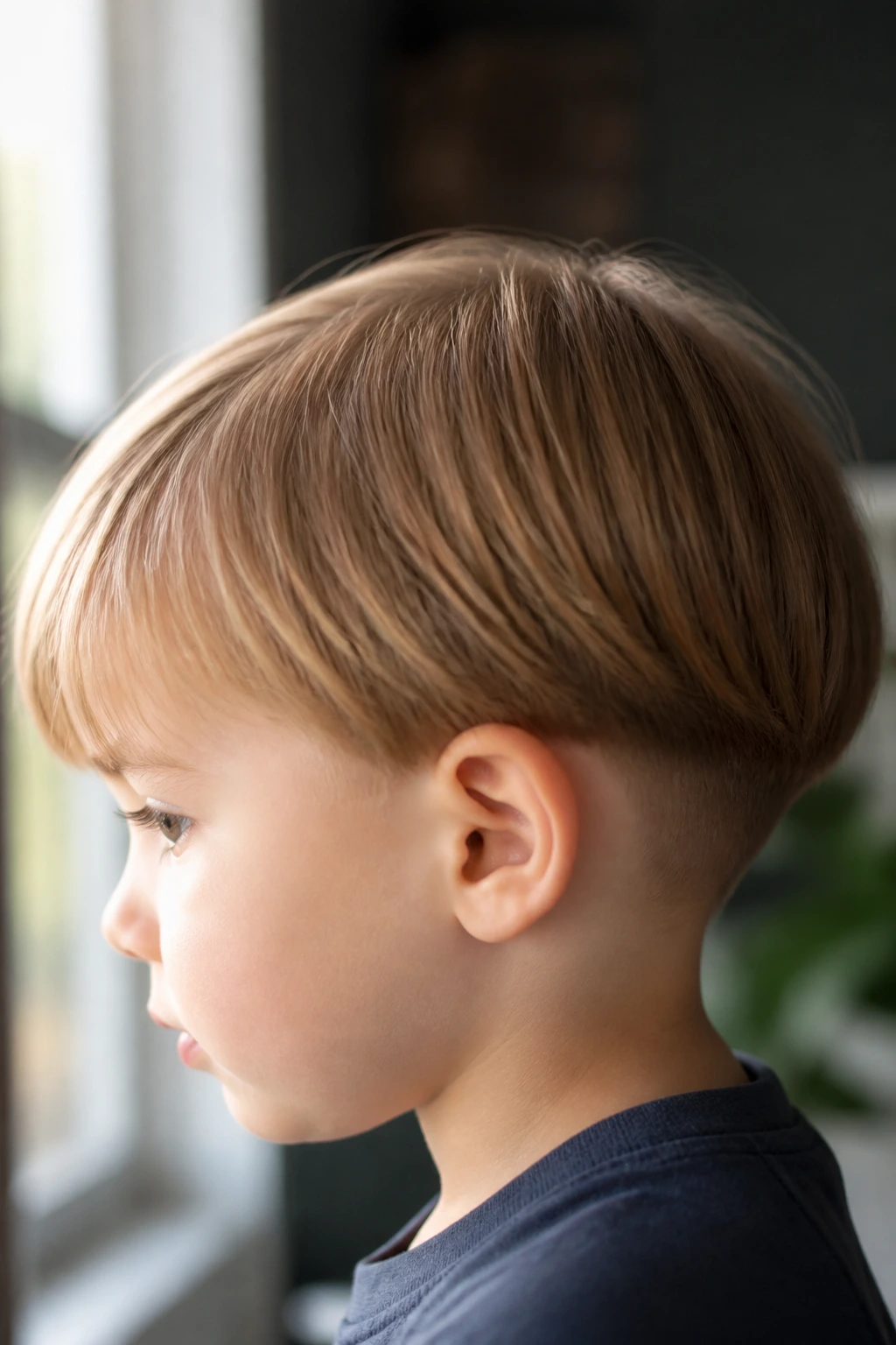 Close-up portrait of a real toddler boy with fine hair showing a bob silhouette and low nape undercut.