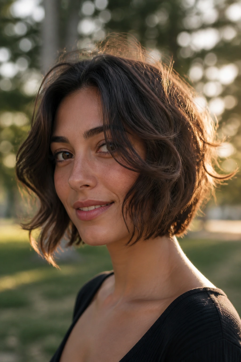 Close-up with movement in a soft curled bob hairstyle
