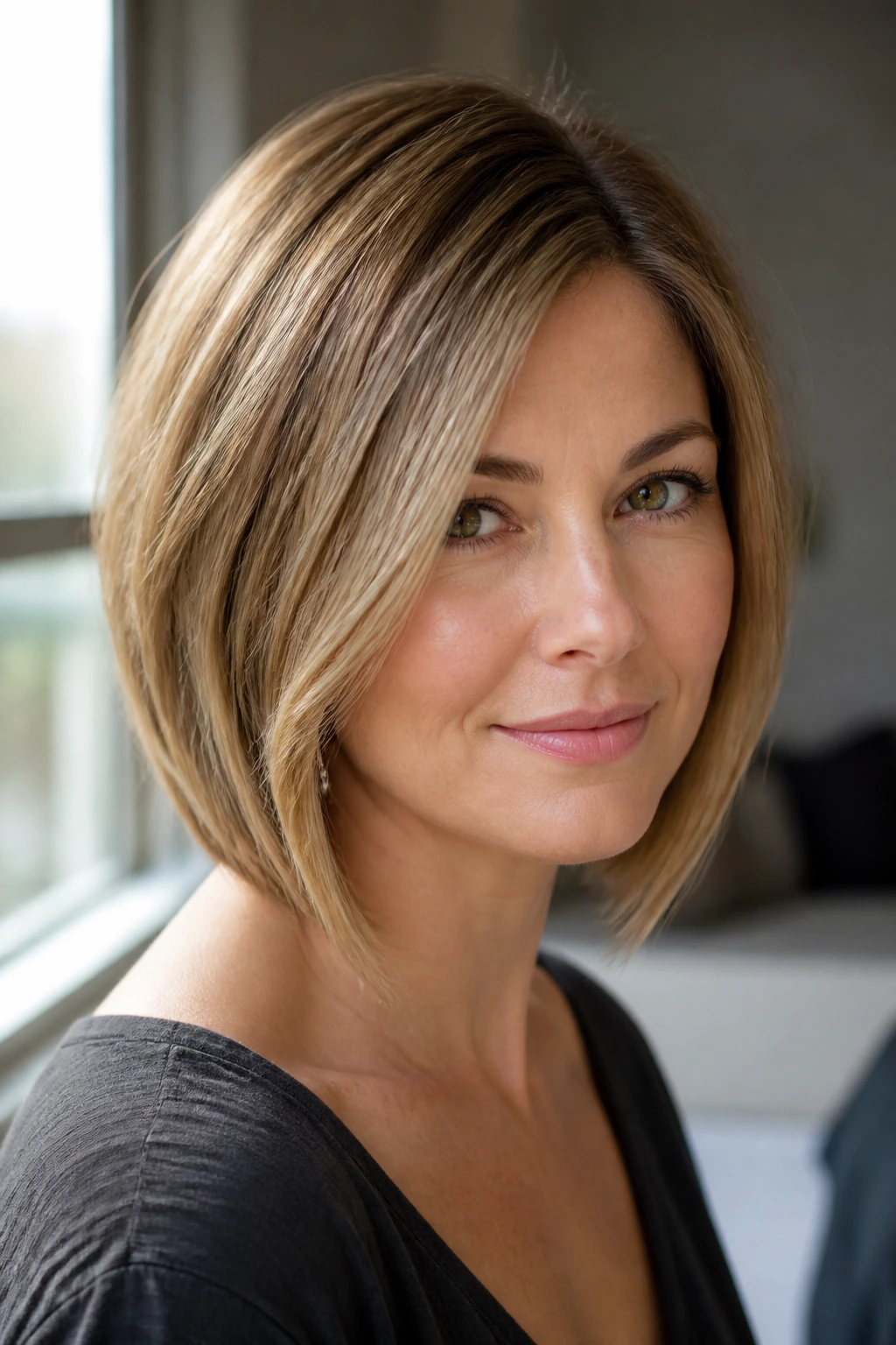 Real woman in a soft angled bob with side part, close-up