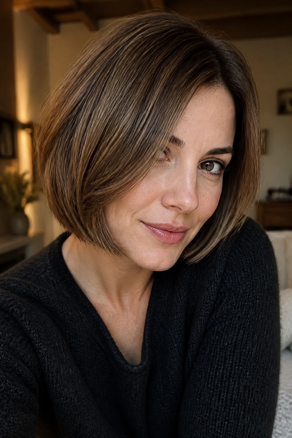 Close-up of a real woman showing a bob silhouette that flatters round faces