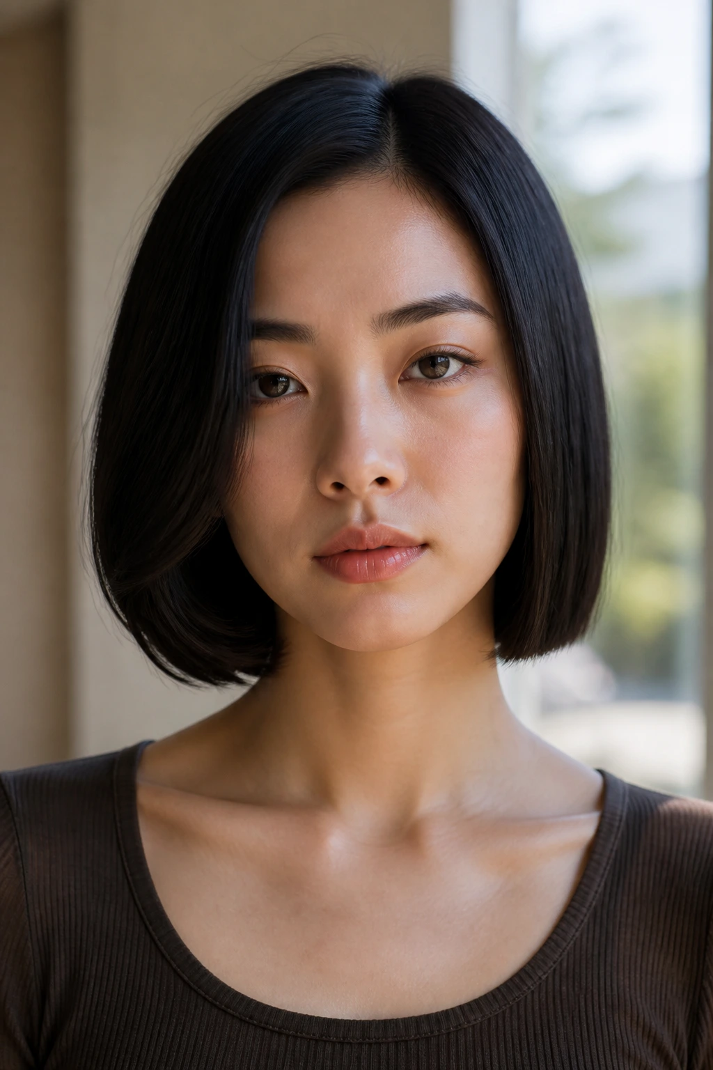 Close-up portrait of a real person with a bob showing soft and sharp ends in warm window light