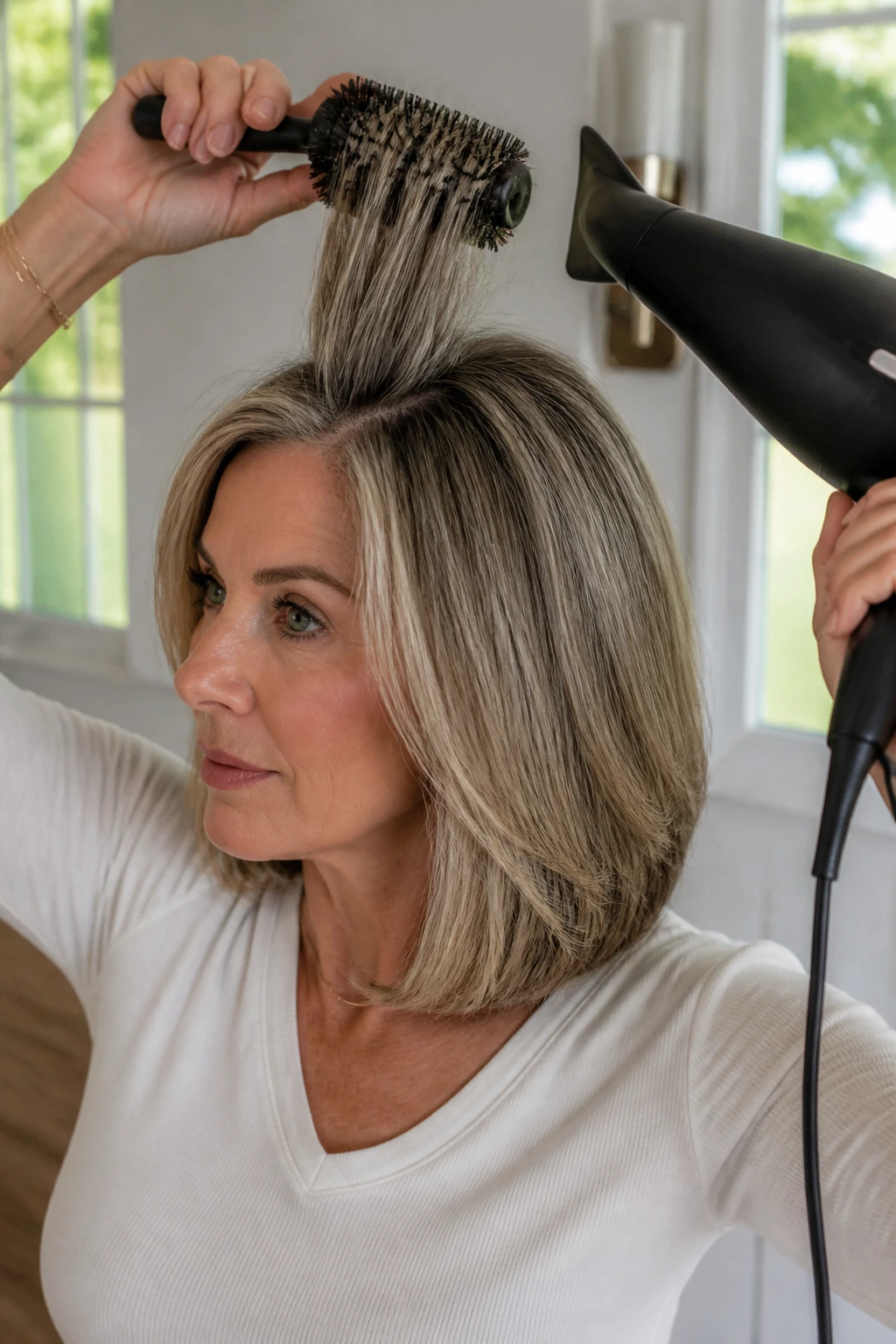 Close-up of a real woman styling her bob to avoid flattening the ends