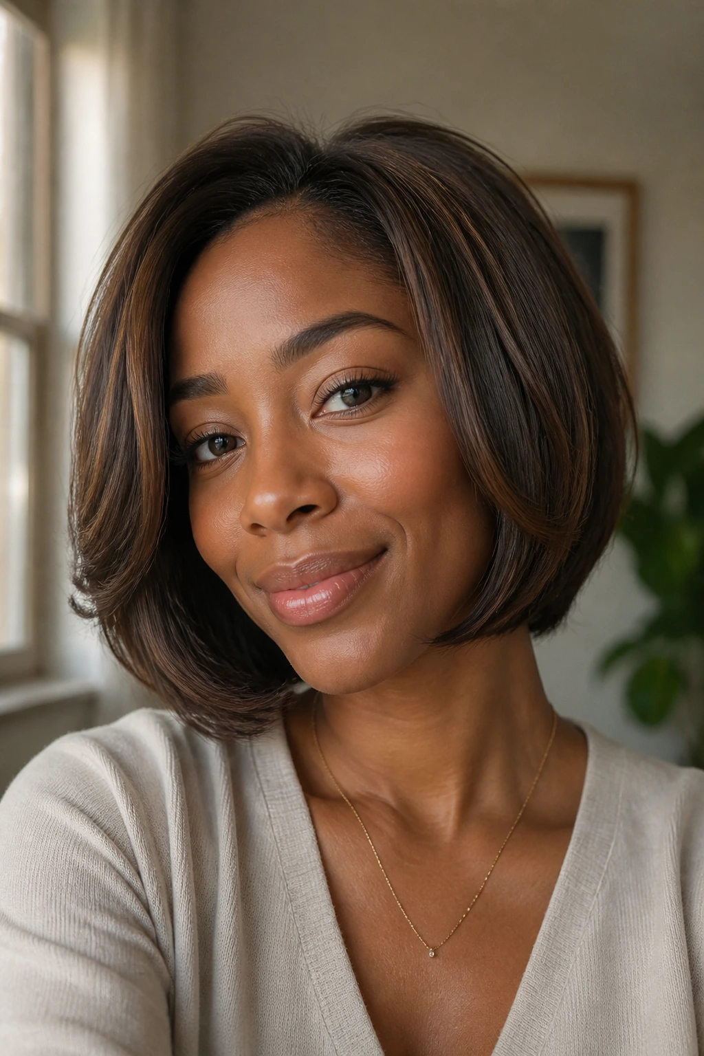 Real woman wearing a bob with a gentle bend to avoid flattening