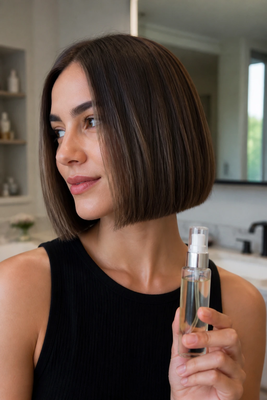 Person with crisp bob holding a small bottle of hair serum.