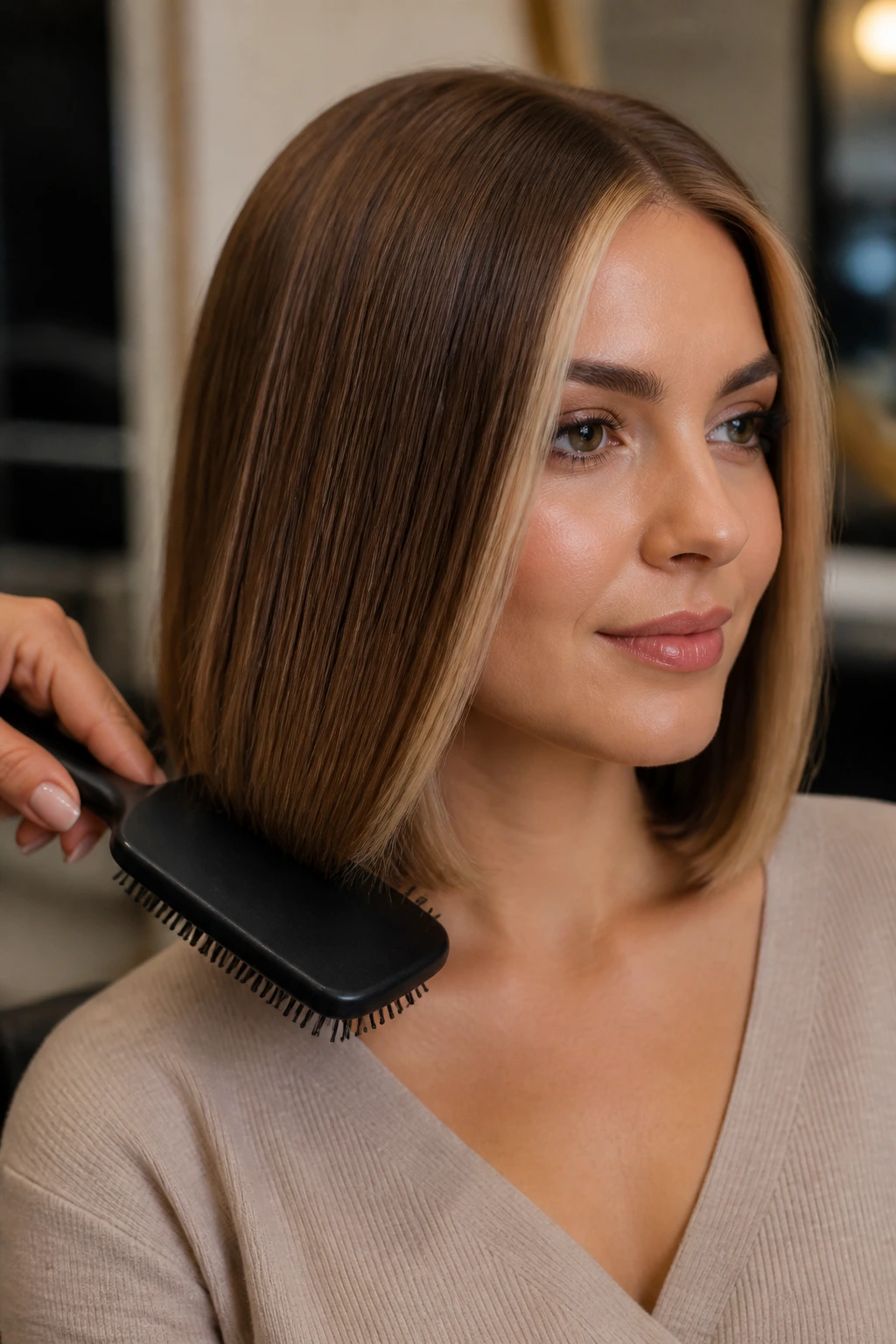 Woman with sleek bob during styling routine