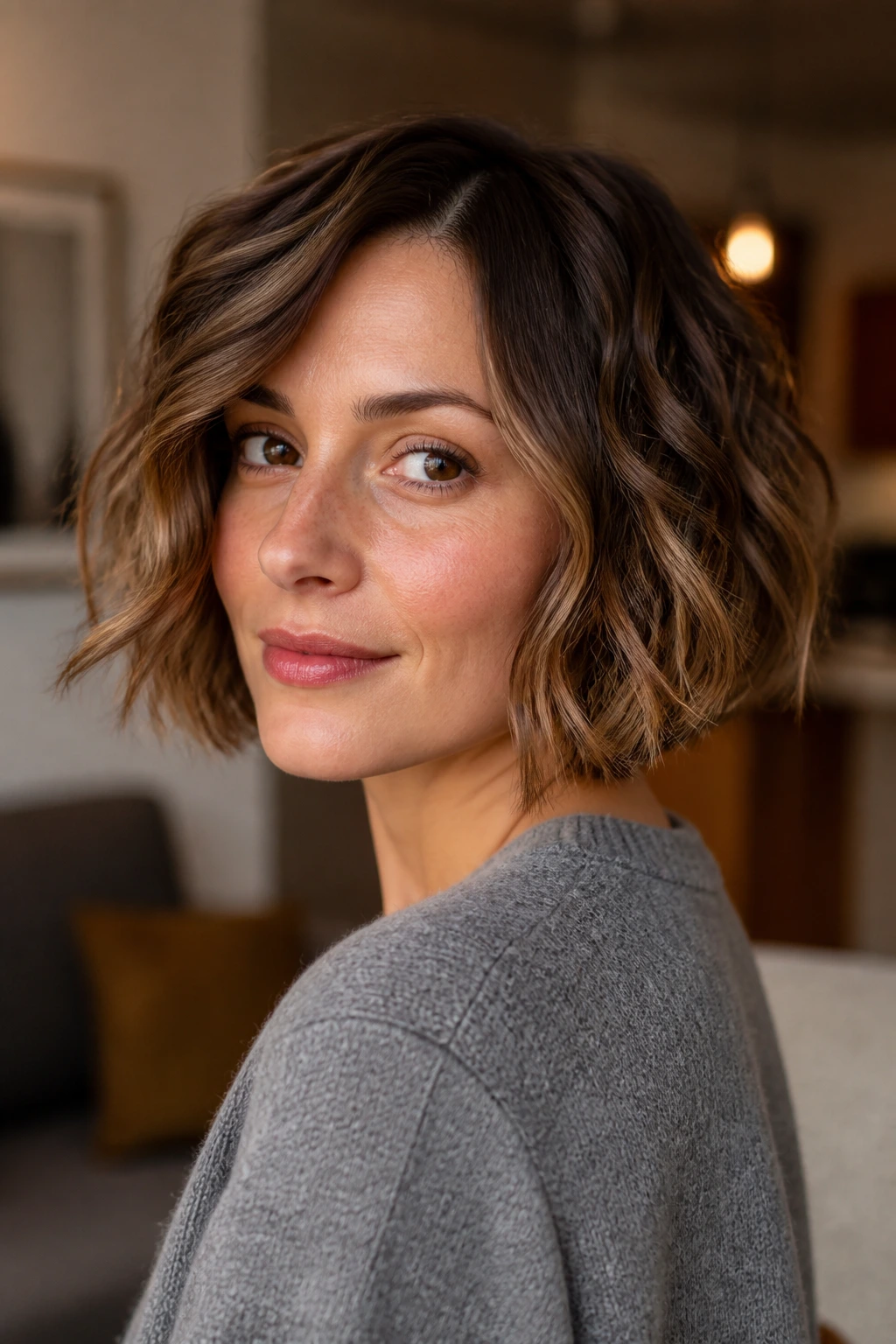 Portrait of a real woman with a balanced jaw-length bob that respects waves