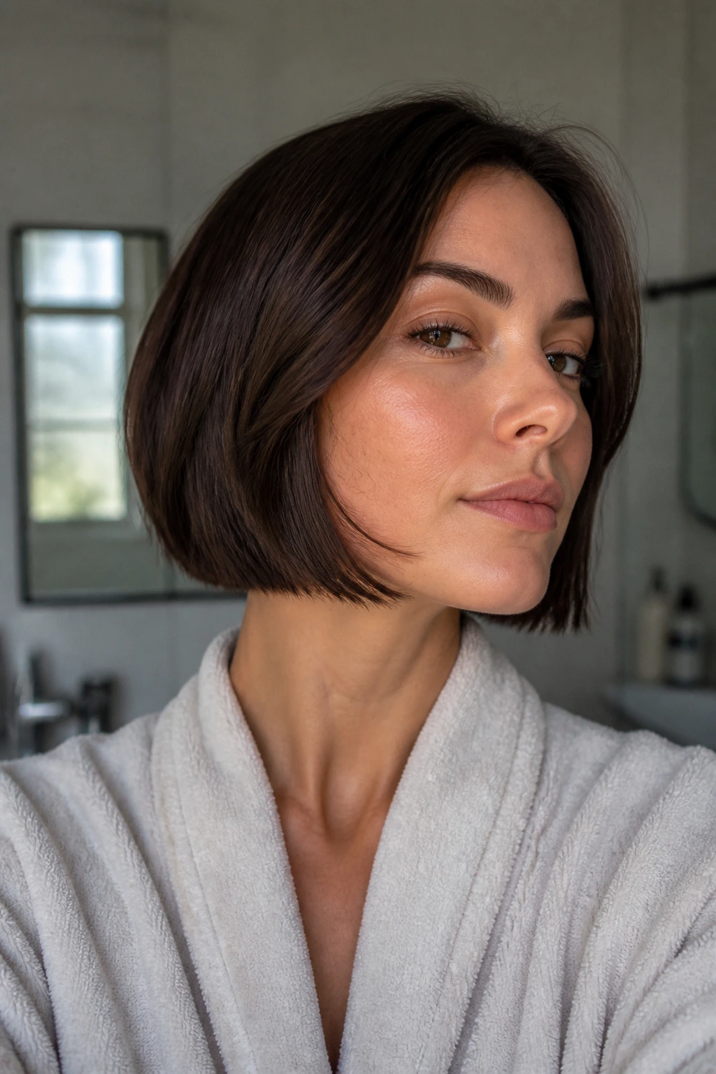 Portrait of person with freshly trimmed bob edge.