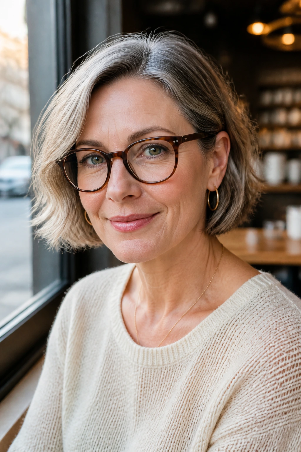 Portrait of a woman with glasses and a tucked-sides bob