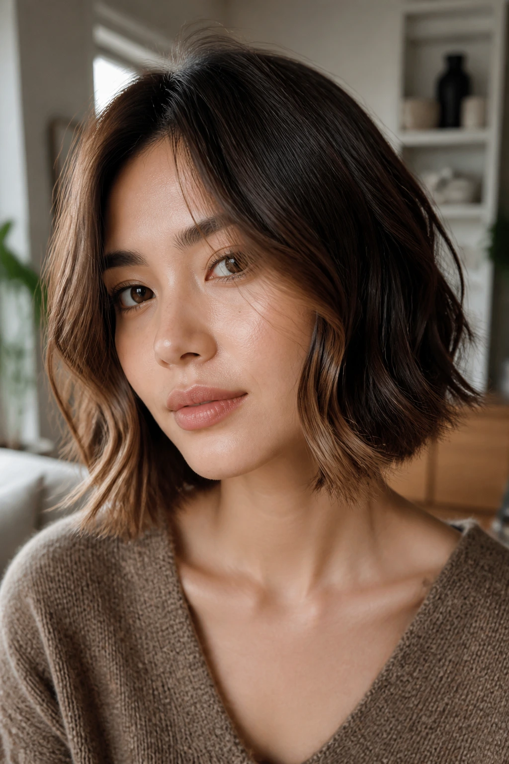 Real woman with a slightly angled front of the bob and subtle highlights.
