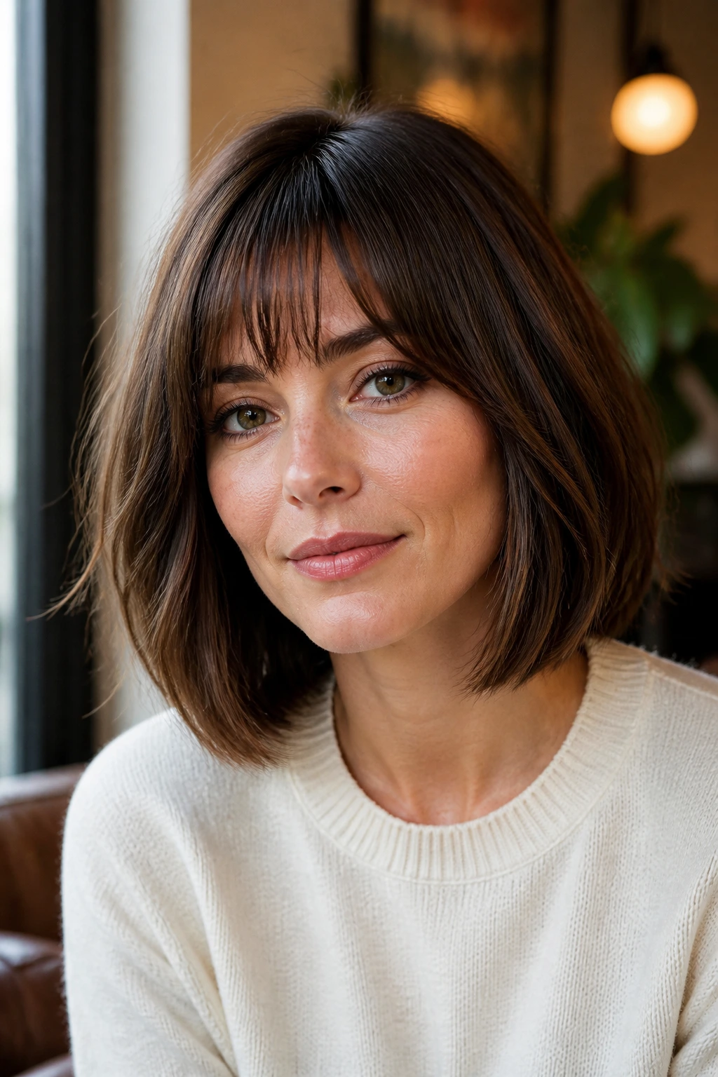 Close-up of a real woman with a mid-length bob with soft fringe and off-center part in warm indoor light