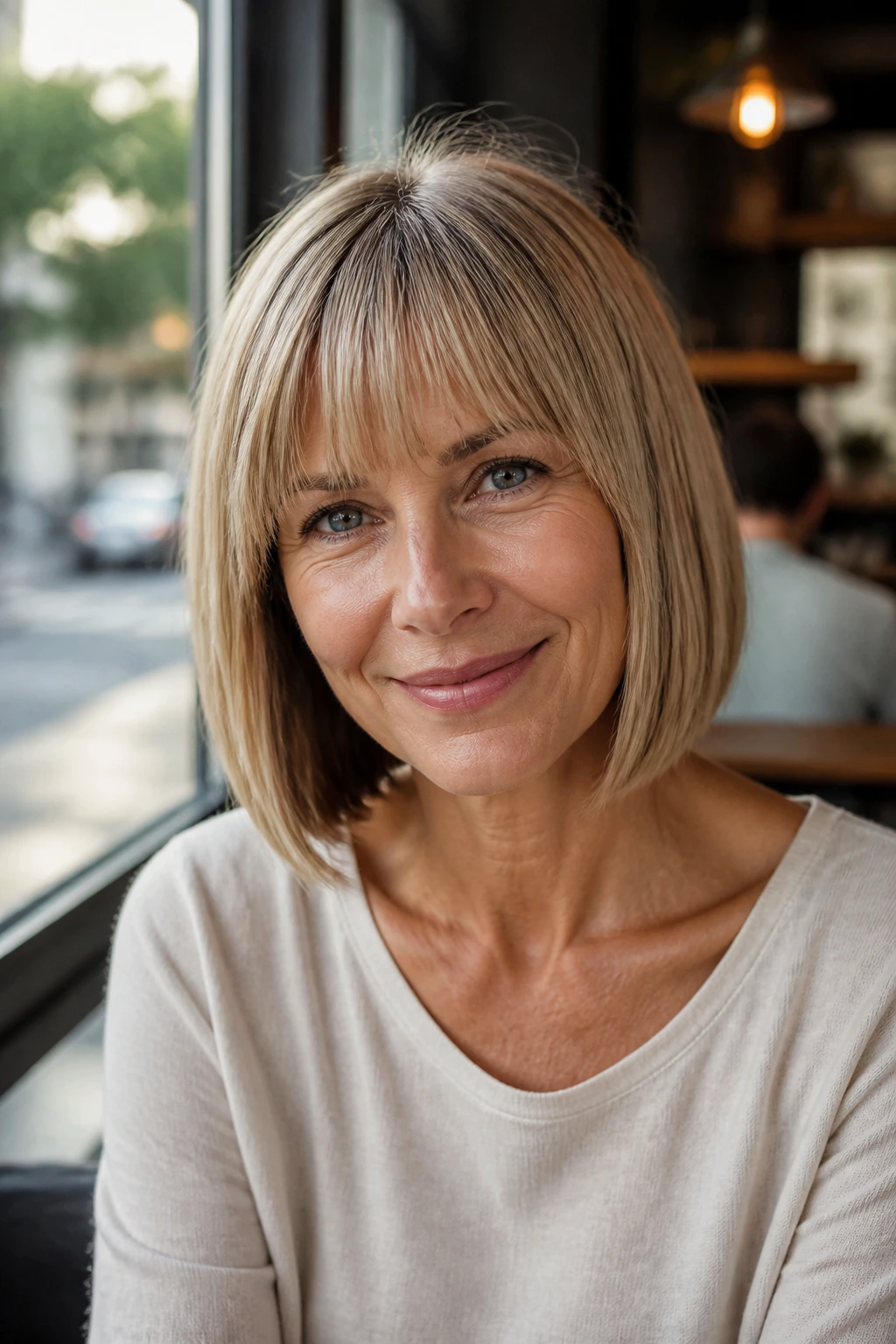 Portrait of a real woman with a collarbone-length sleek bob and soft fringe.