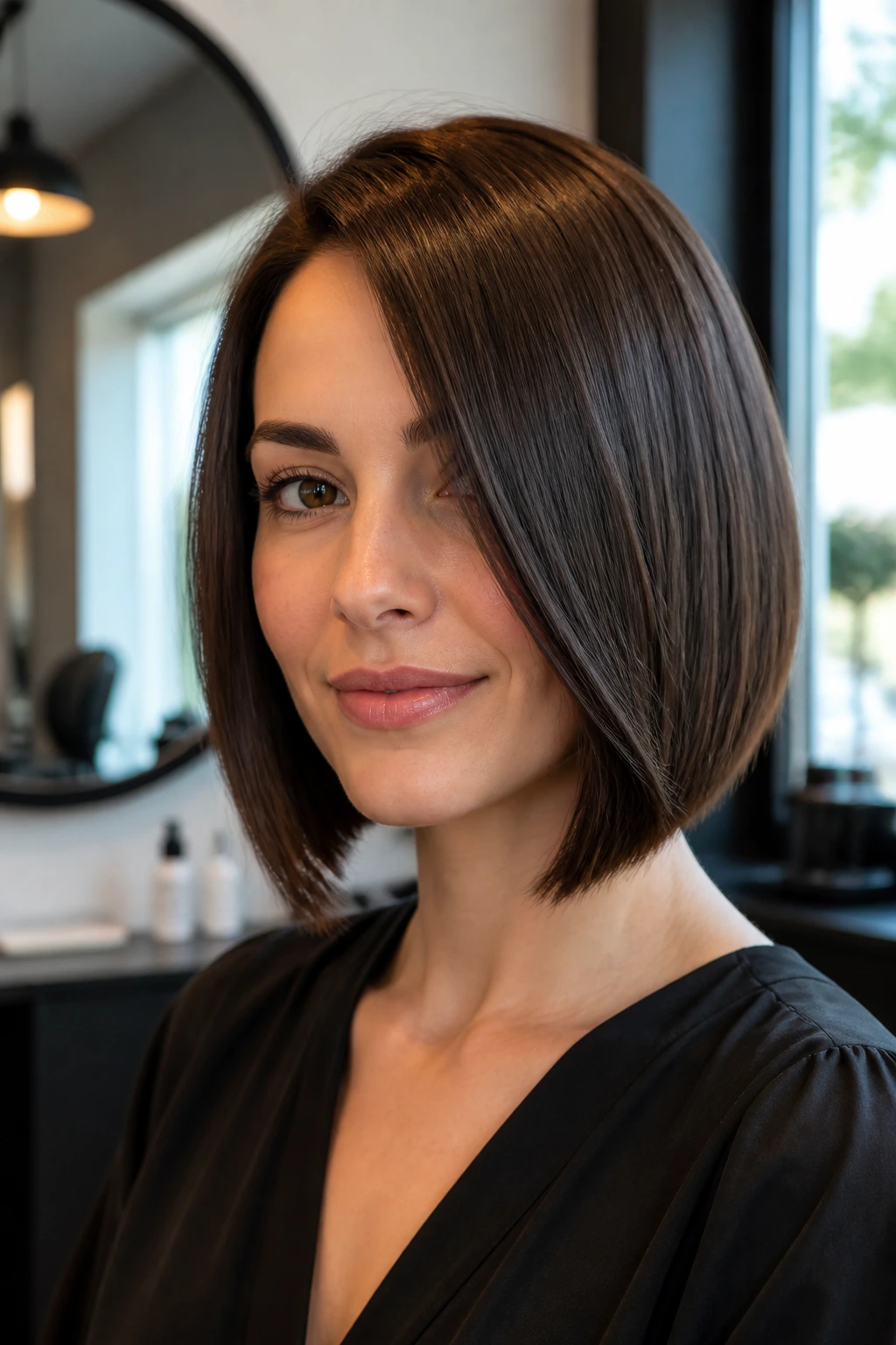 Portrait of a real woman with a sleek side-sweep straight bob