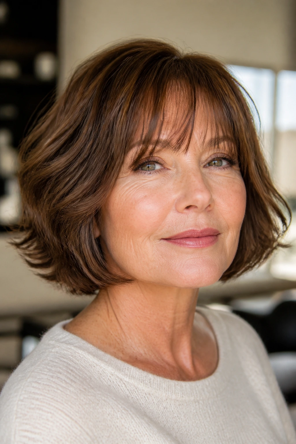 Close-up of a real woman with a bob featuring wispy bangs and flipped ends in warm natural light