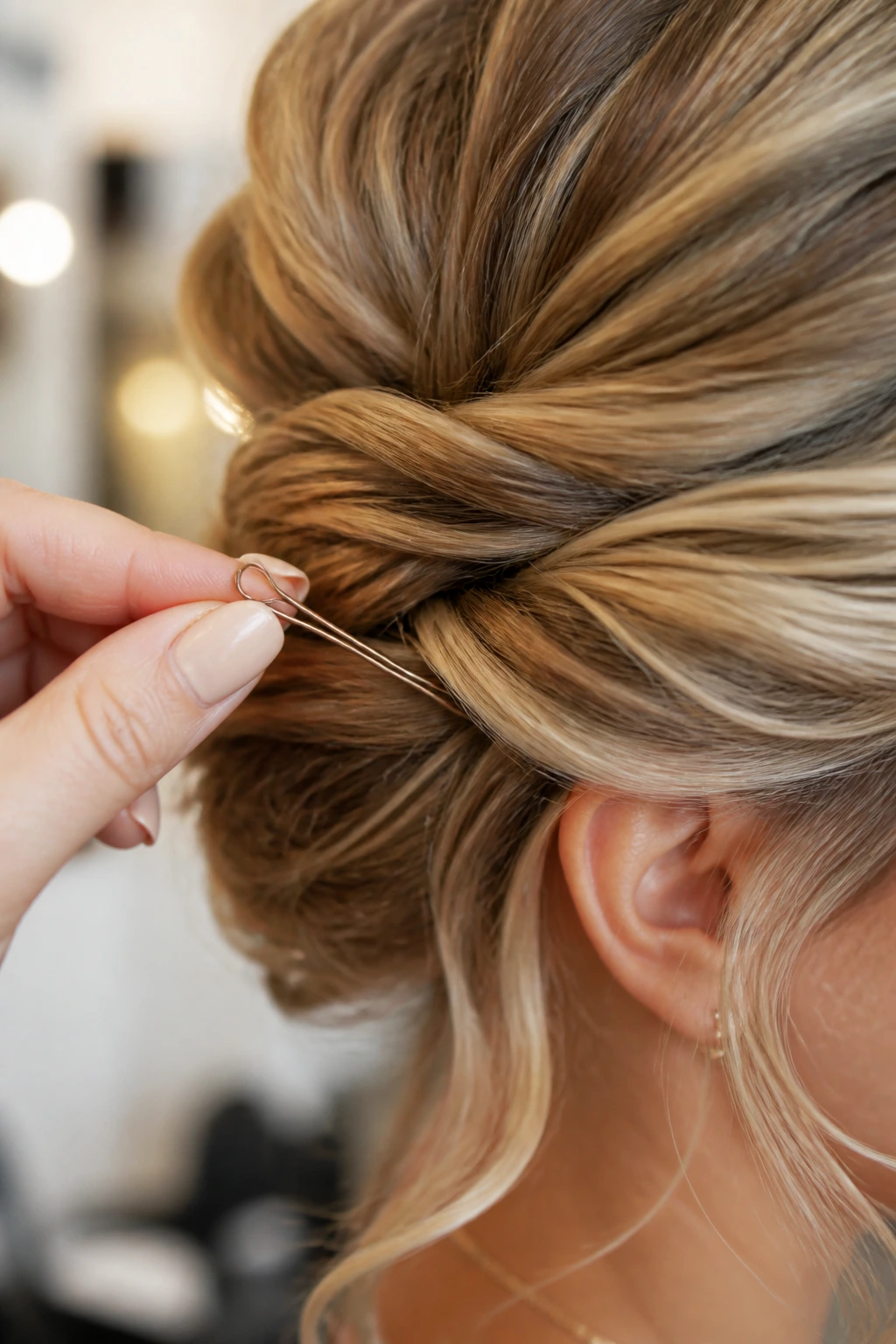 Macro close-up of a hair-friendly bobby pin ready to secure a twist.