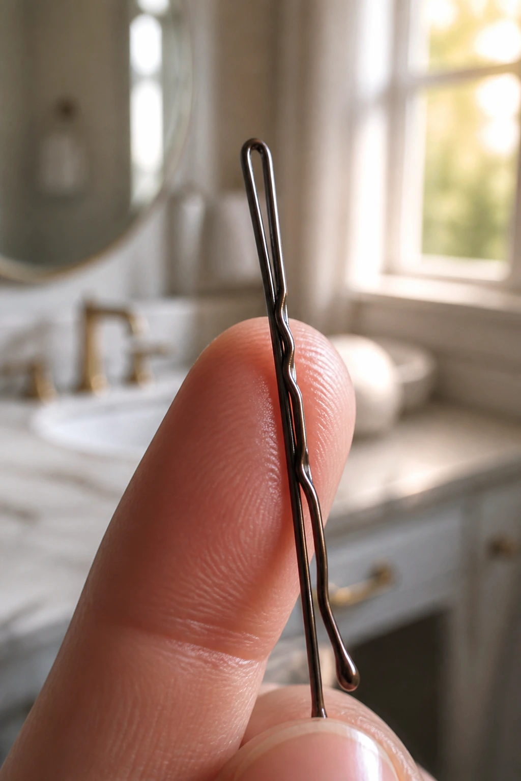 Close-up of a single bobby pin in a real bathroom setting
