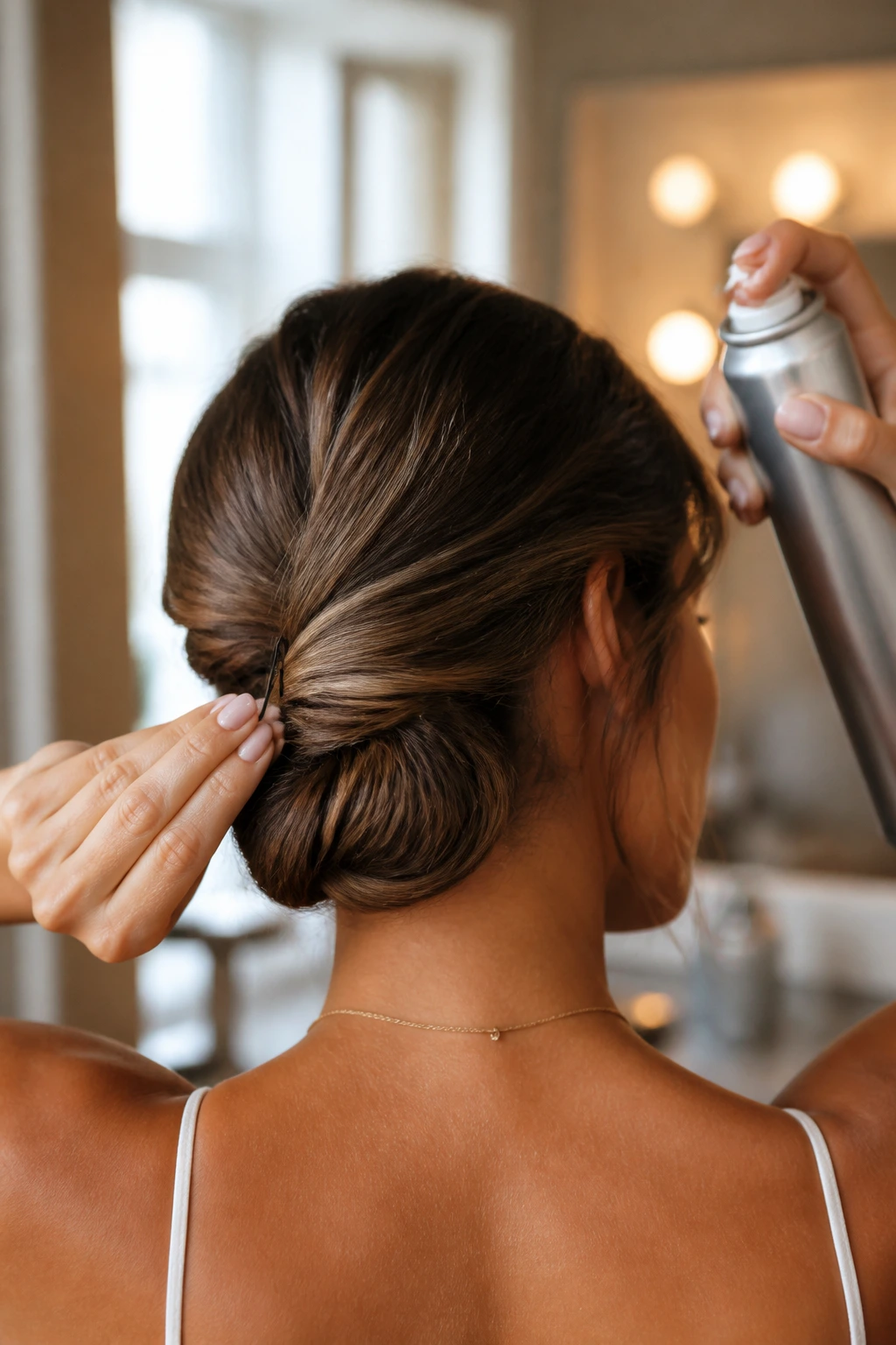 Real person with a low chignon using bobby pins to secure the bun in a bright room