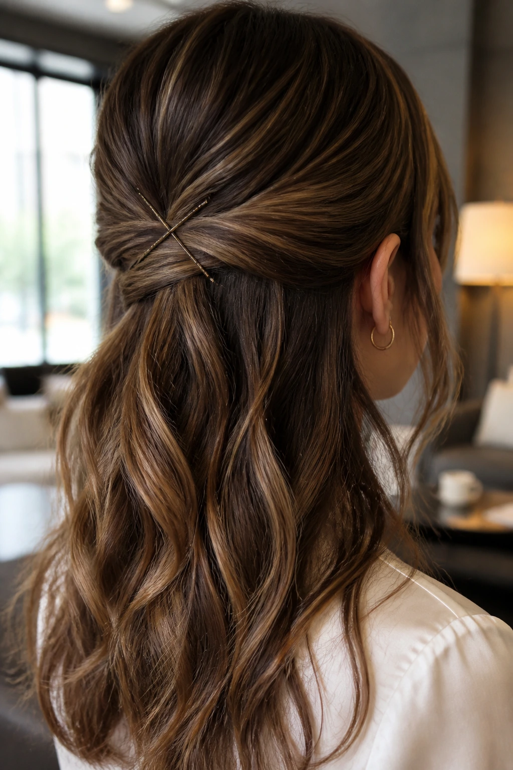Close-up of a woman with crisscrossed bobby pins forming an X half-up style