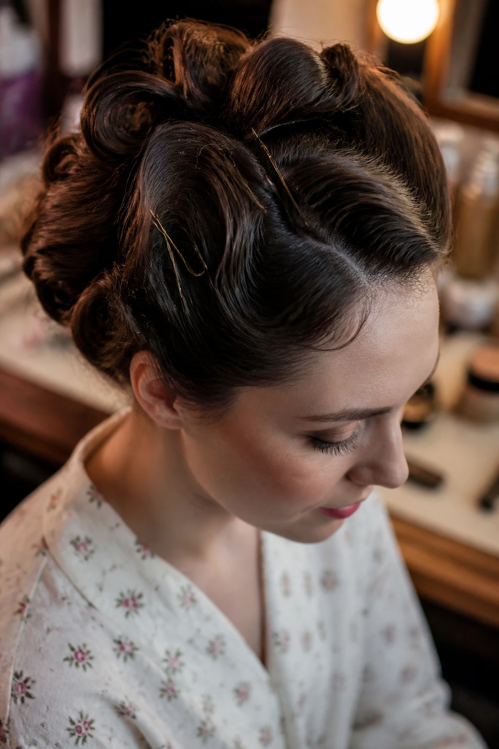 Close-up of a real woman's pinned hairstyle with visible pins