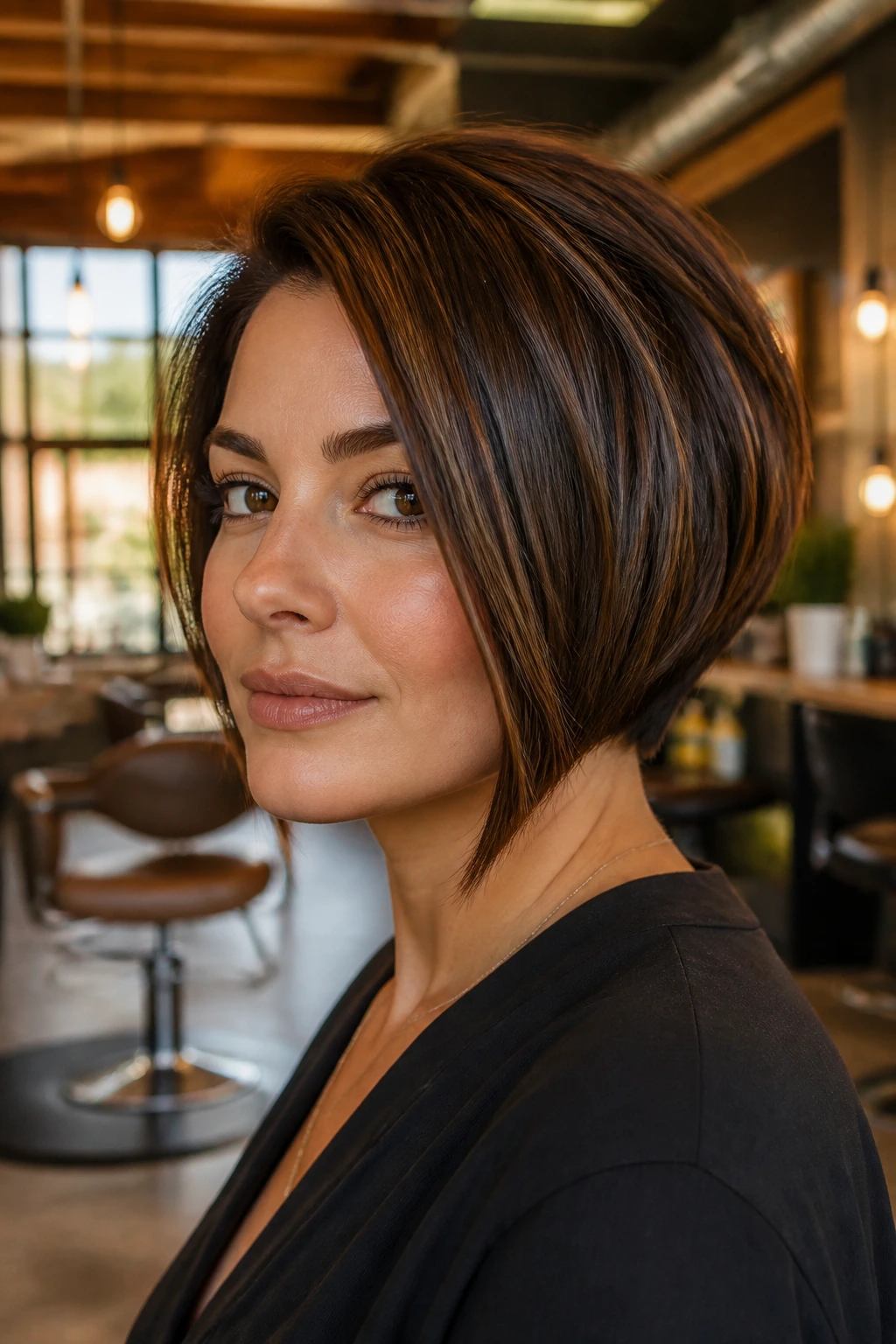 Close-up portrait of a woman with a bob showing diagonal front edge and crown lift