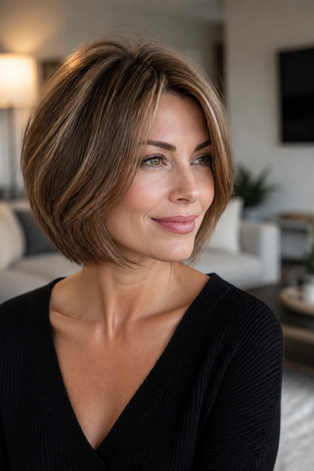 Medium close-up portrait of a real woman with a flattering bob showing perimeter fullness and crown lift