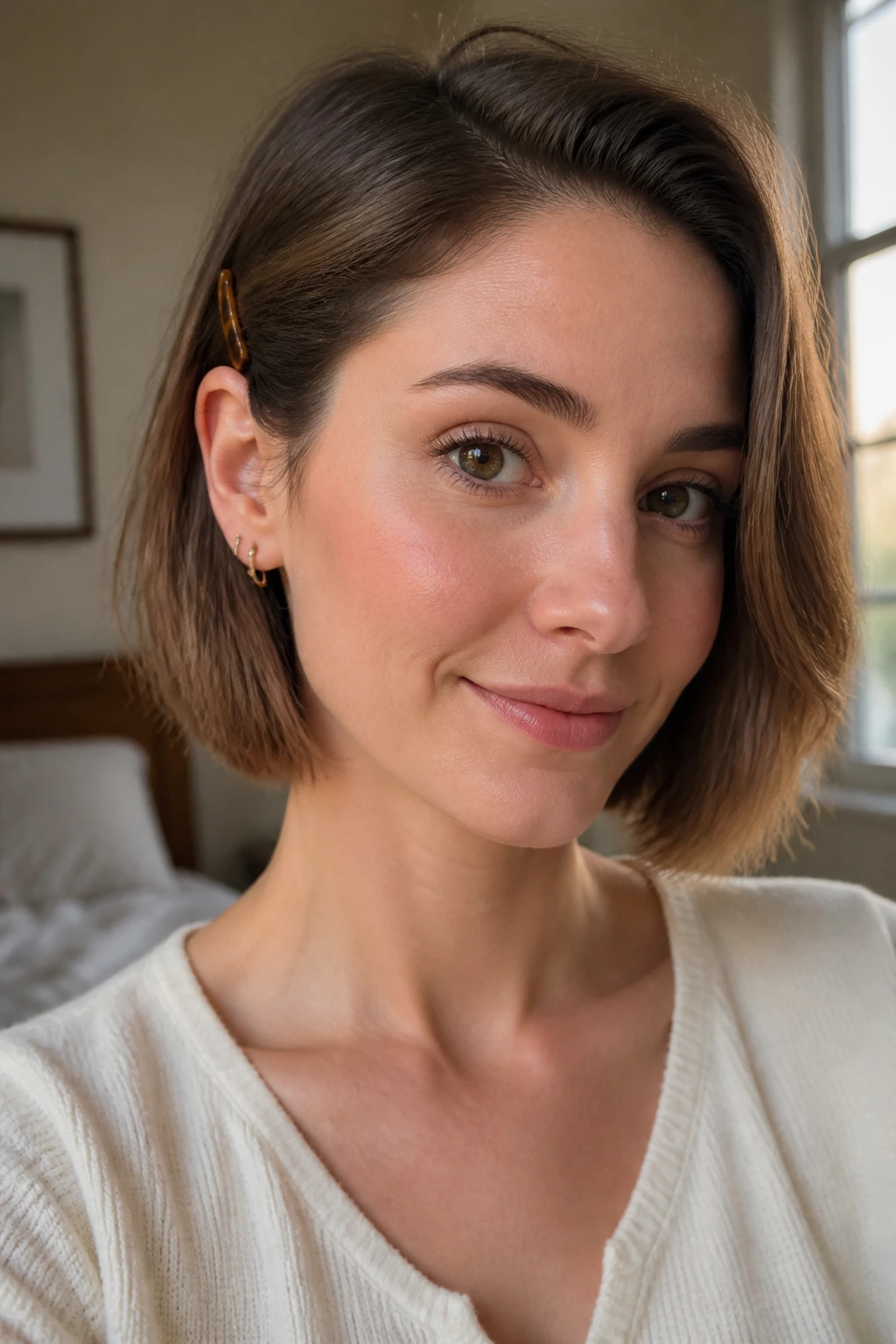 Close-up of a real woman with a chin-length bob, side part tucked behind the ear in sunlit bedroom
