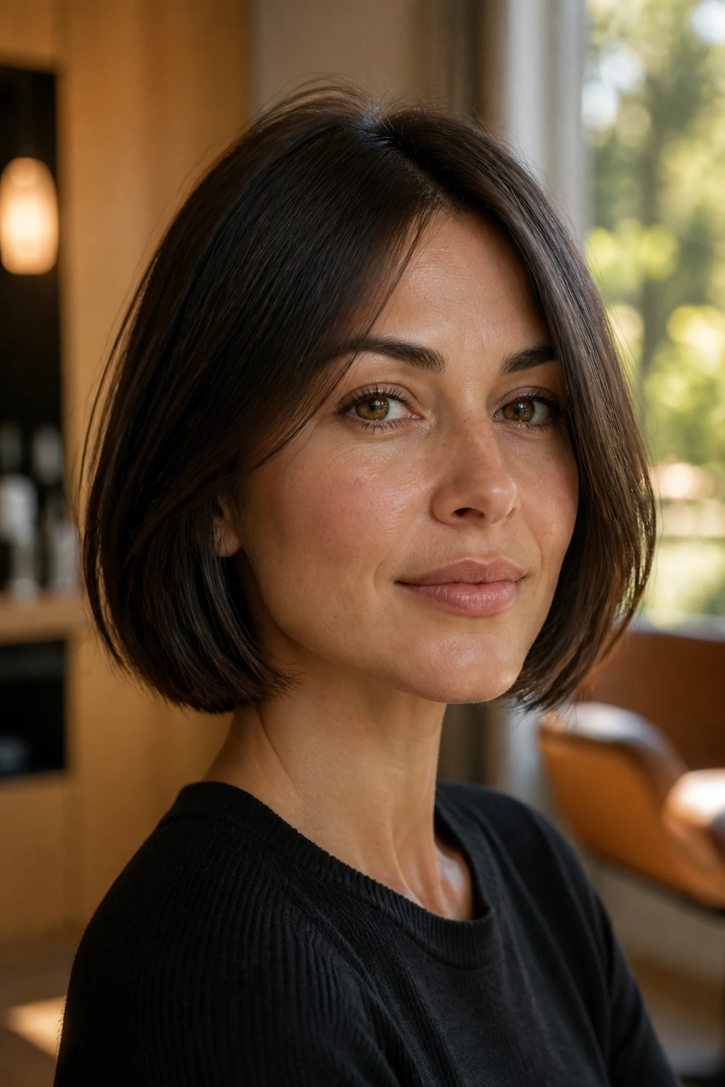 Close-up portrait of a real woman with a chic bob hairstyle in a warm salon-like setting