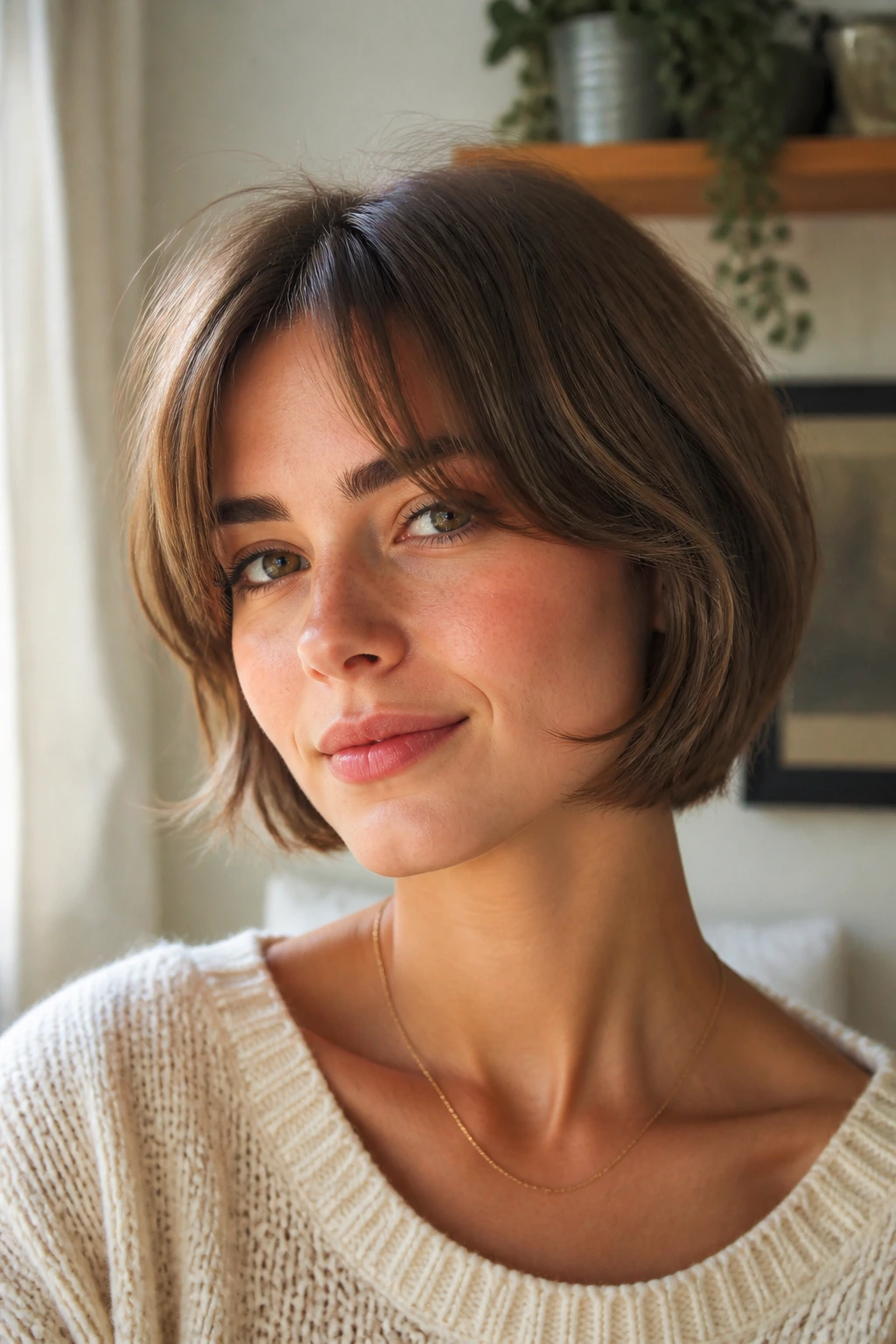 Close-up of a real person with a jaw-softening bob and curtain bangs in warm window light