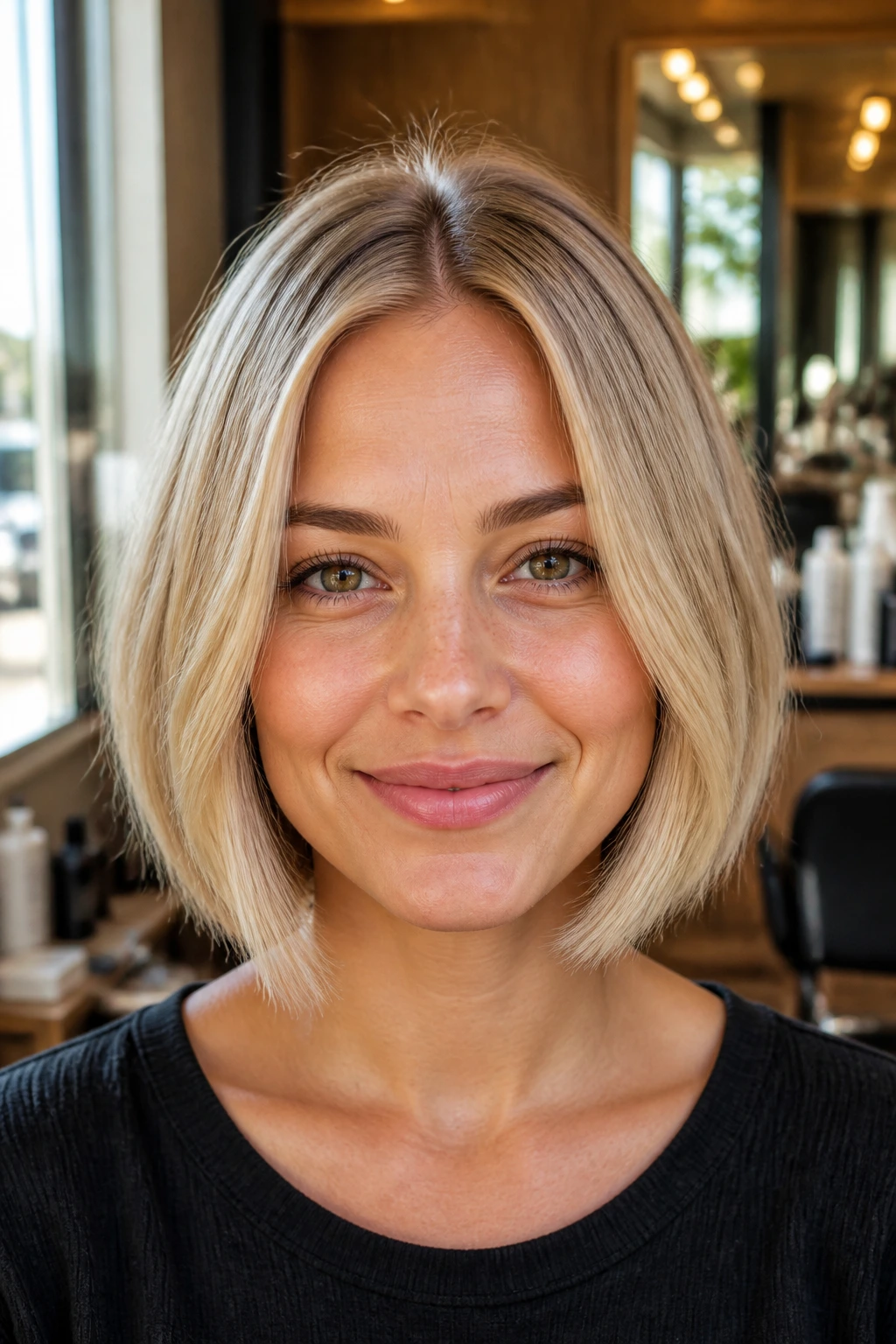 Close-up portrait of a real woman with a bob showing blunt ends and crown lift in a sunlit salon