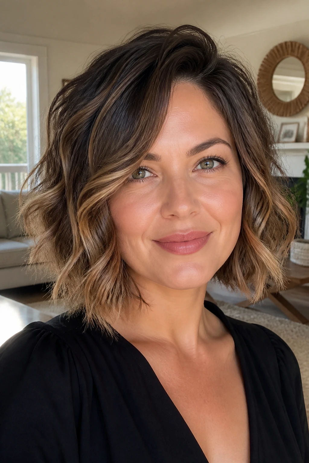 Close-up of a real woman wearing a bob flattering a round face with vertical lines and loose waves