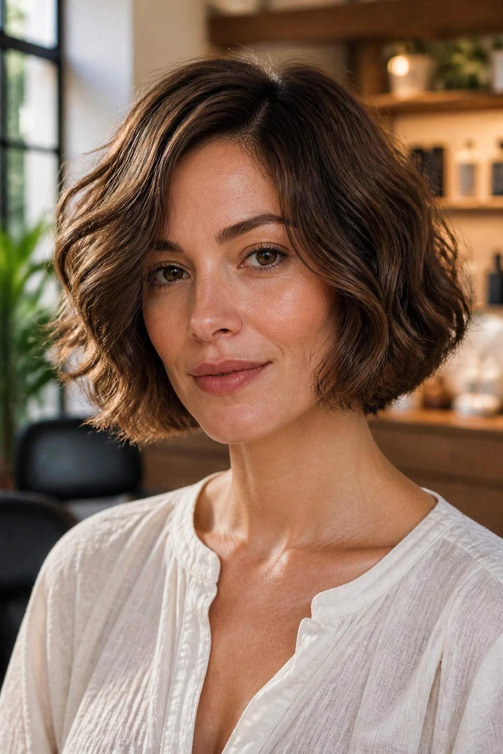 Close-up portrait of a real woman with a jaw-length soft-curved bob on a square-face