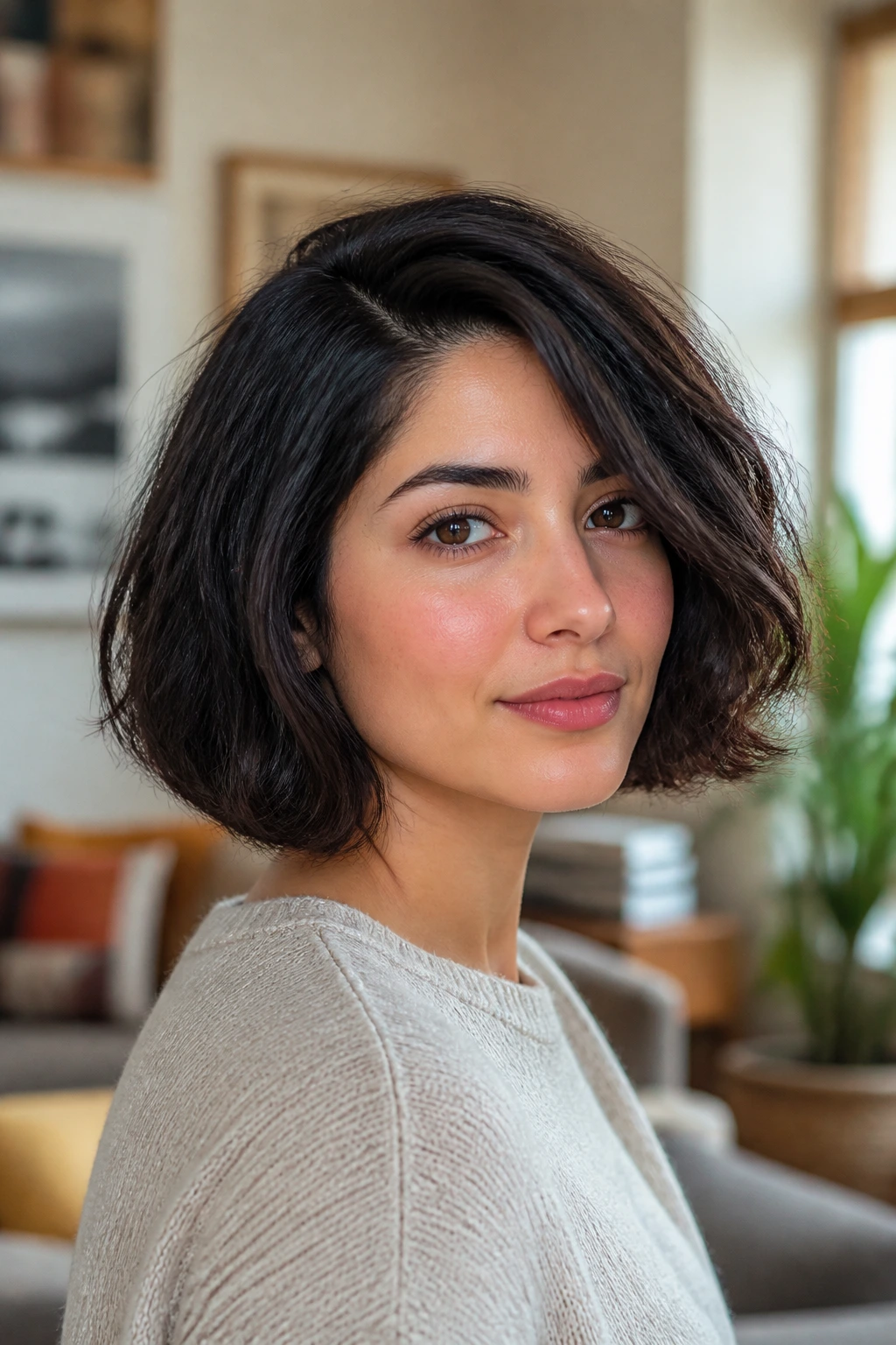 Close-up portrait of a real woman with a thick bob on an oval face under soft window light.
