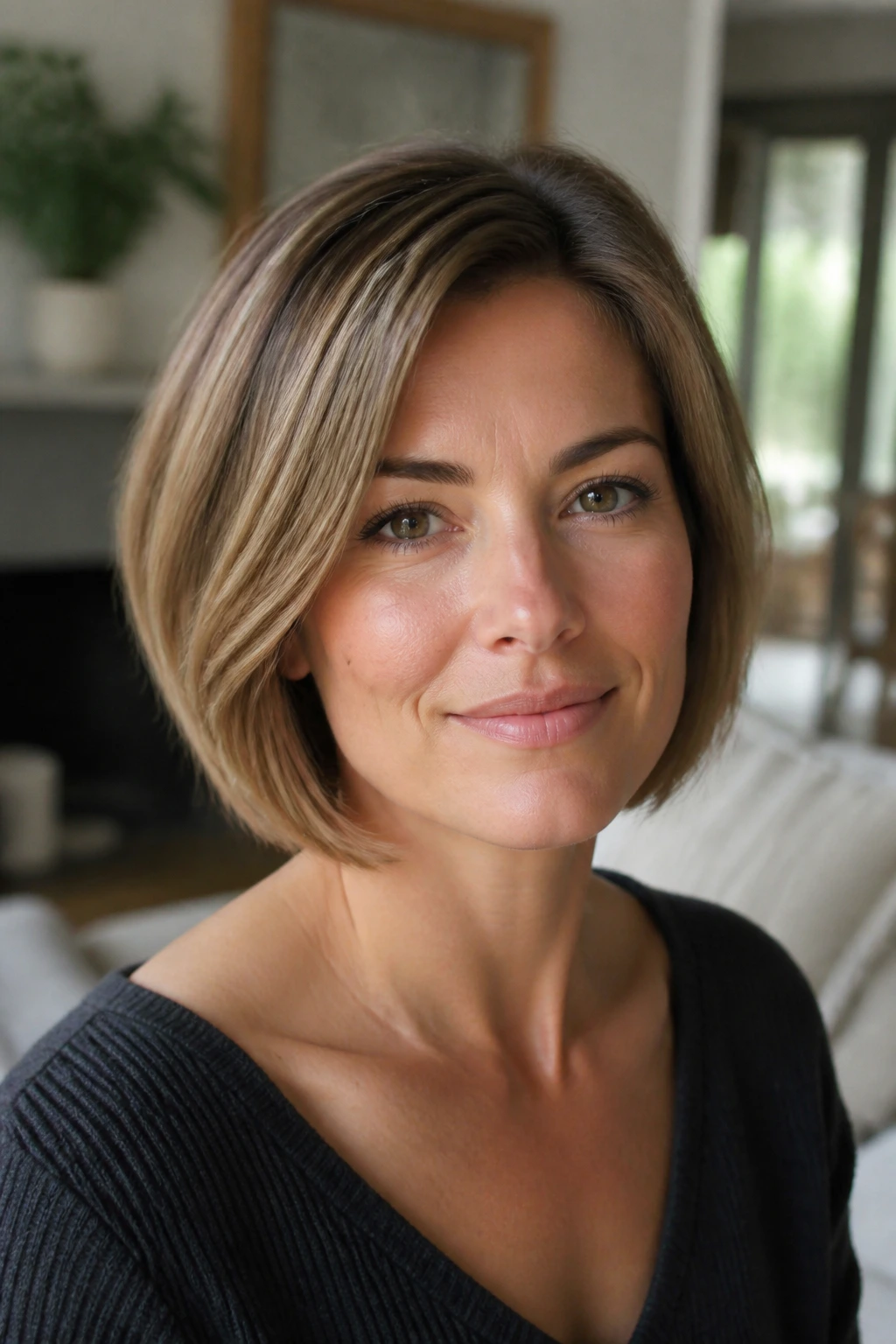 Portrait of a real person with a flattering bob for thin hair and square faces