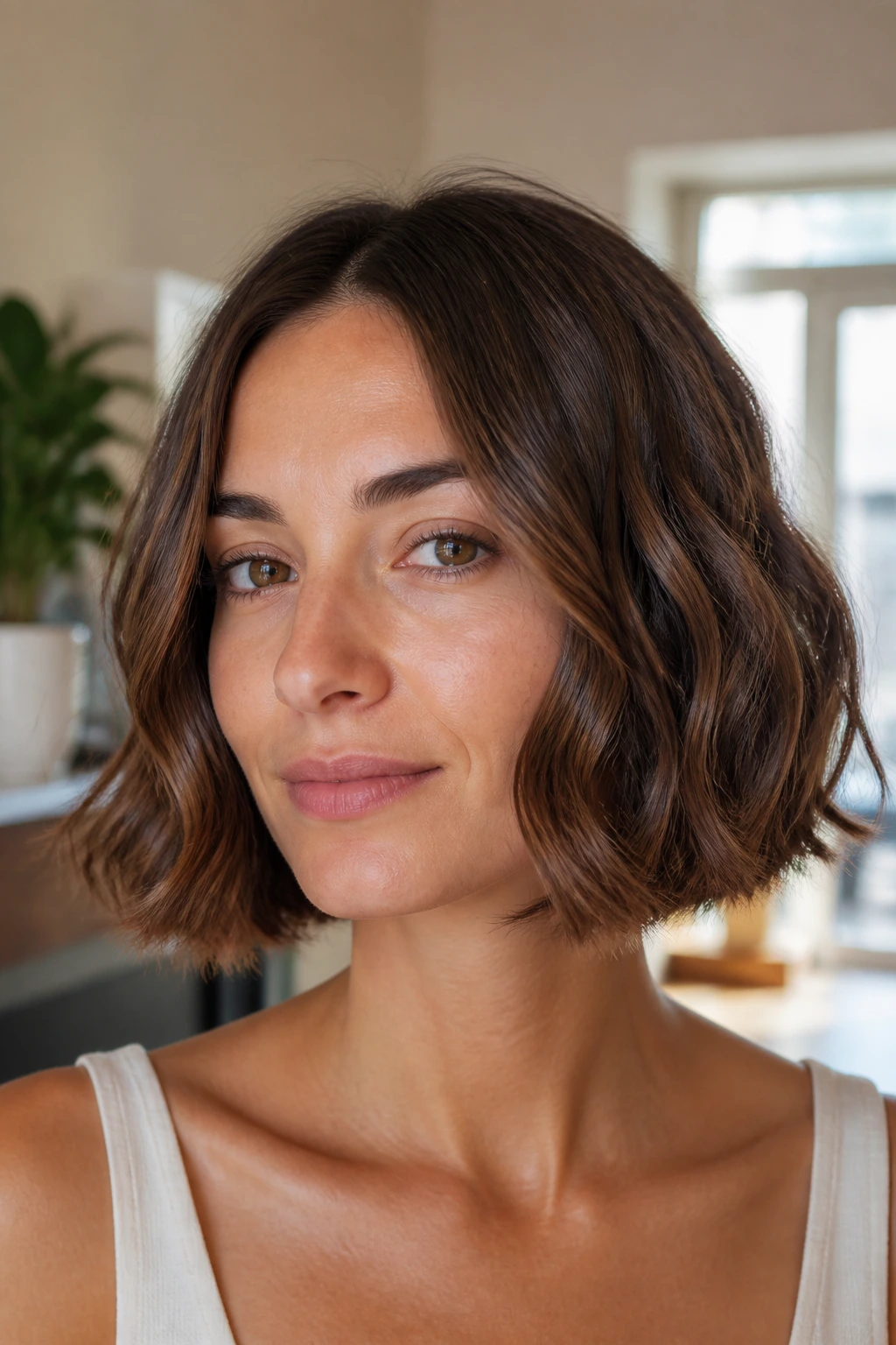 Close-up of a real woman with a chin-length bob on wavy hair in natural light