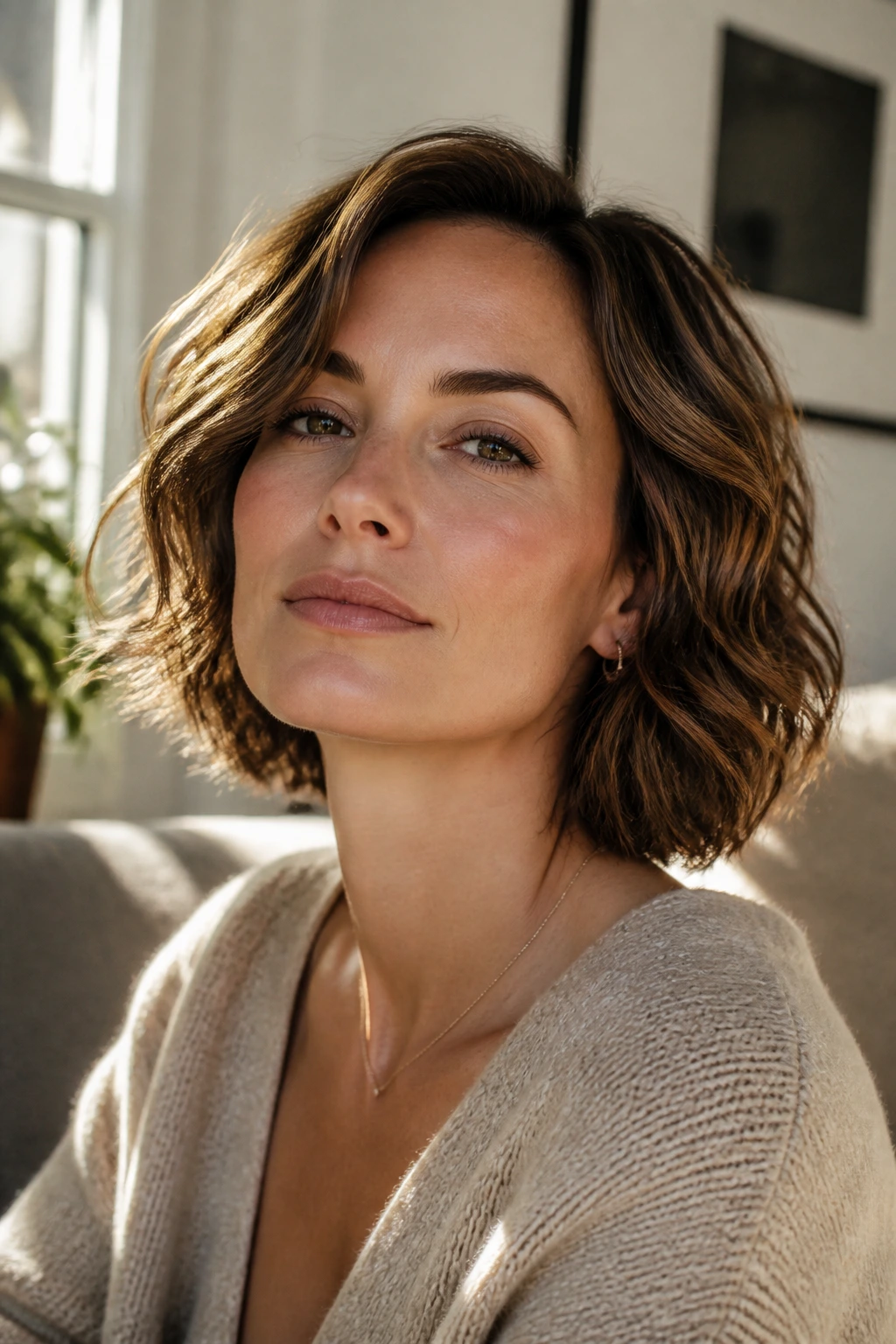 Close-up of a real woman with a soft wavy bob framing a square jaw by a sunlit window