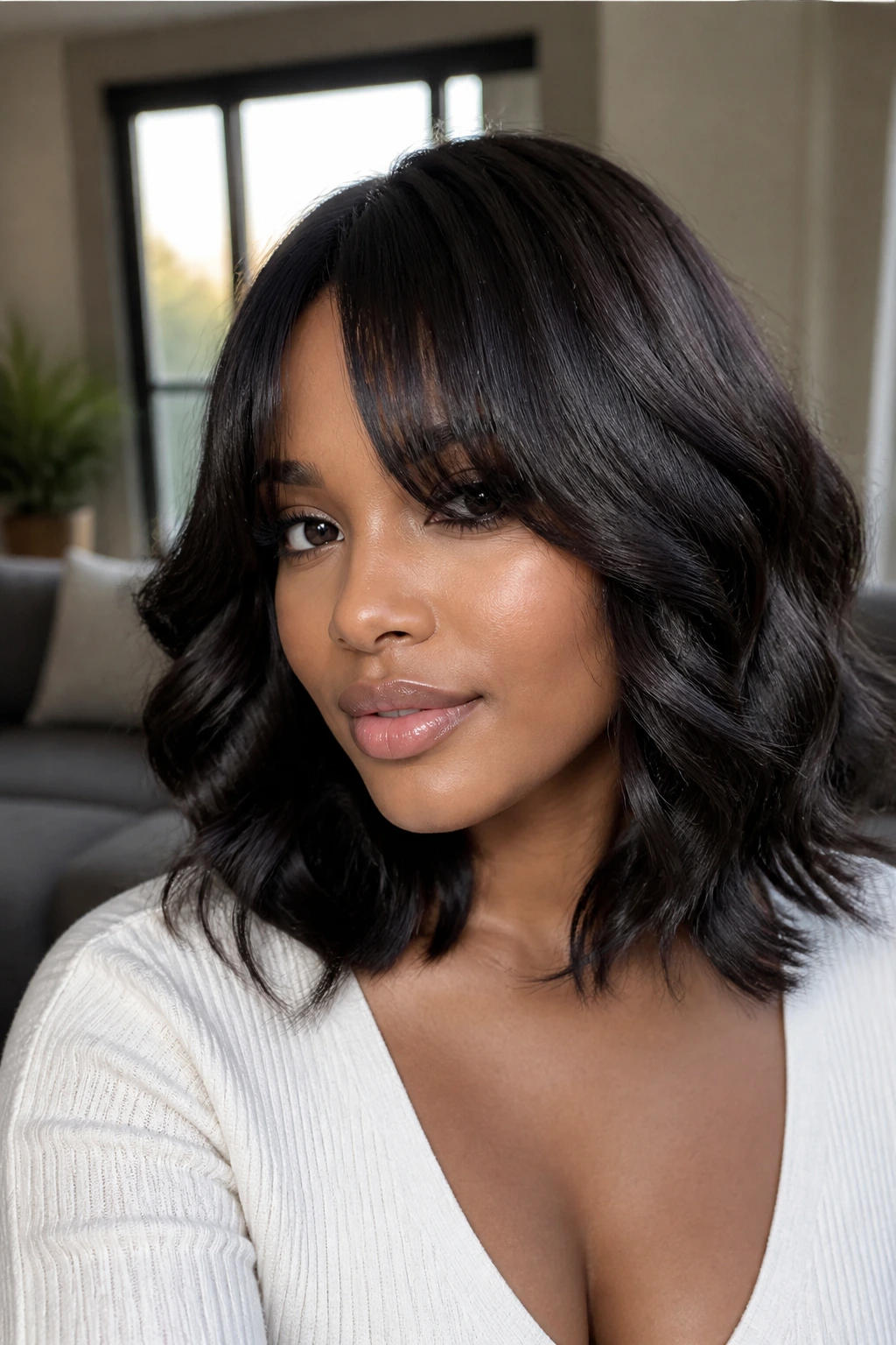 Real woman with shoulder-length body wave and curtain bangs