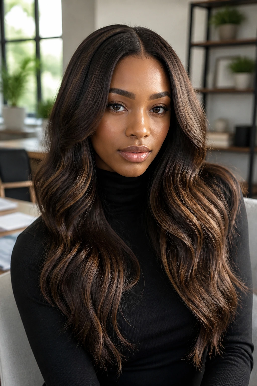 Close-up of a real woman with long body-wave weave in brunette with soft highlights
