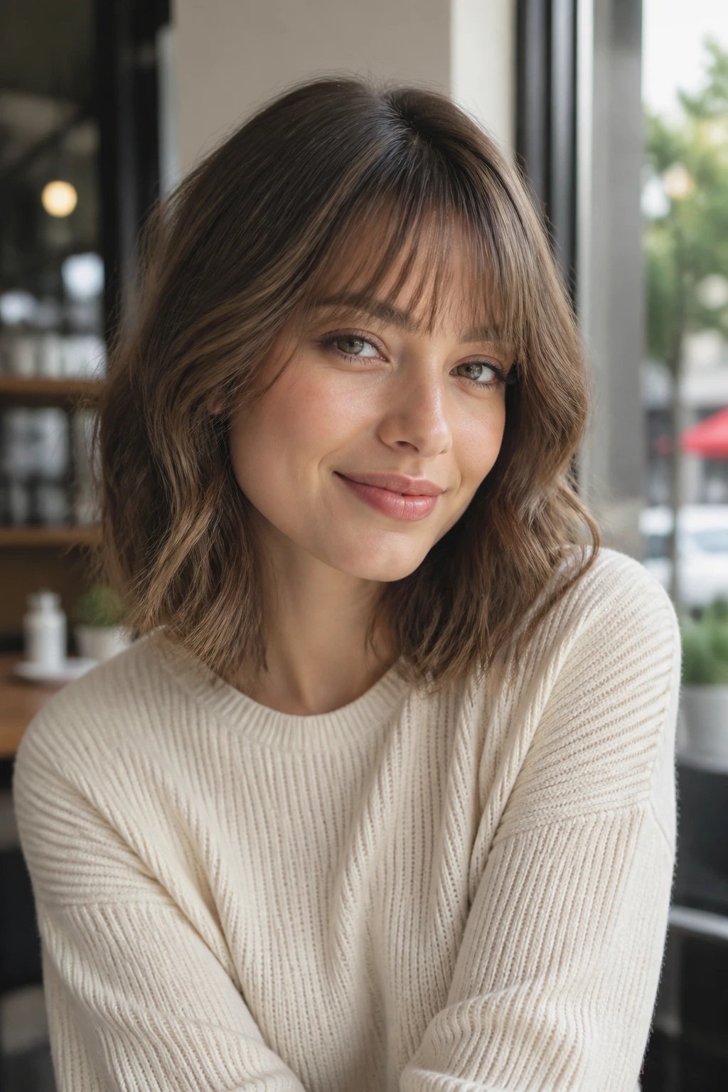 Real woman with body-wave lob and light bangs in cafe window light
