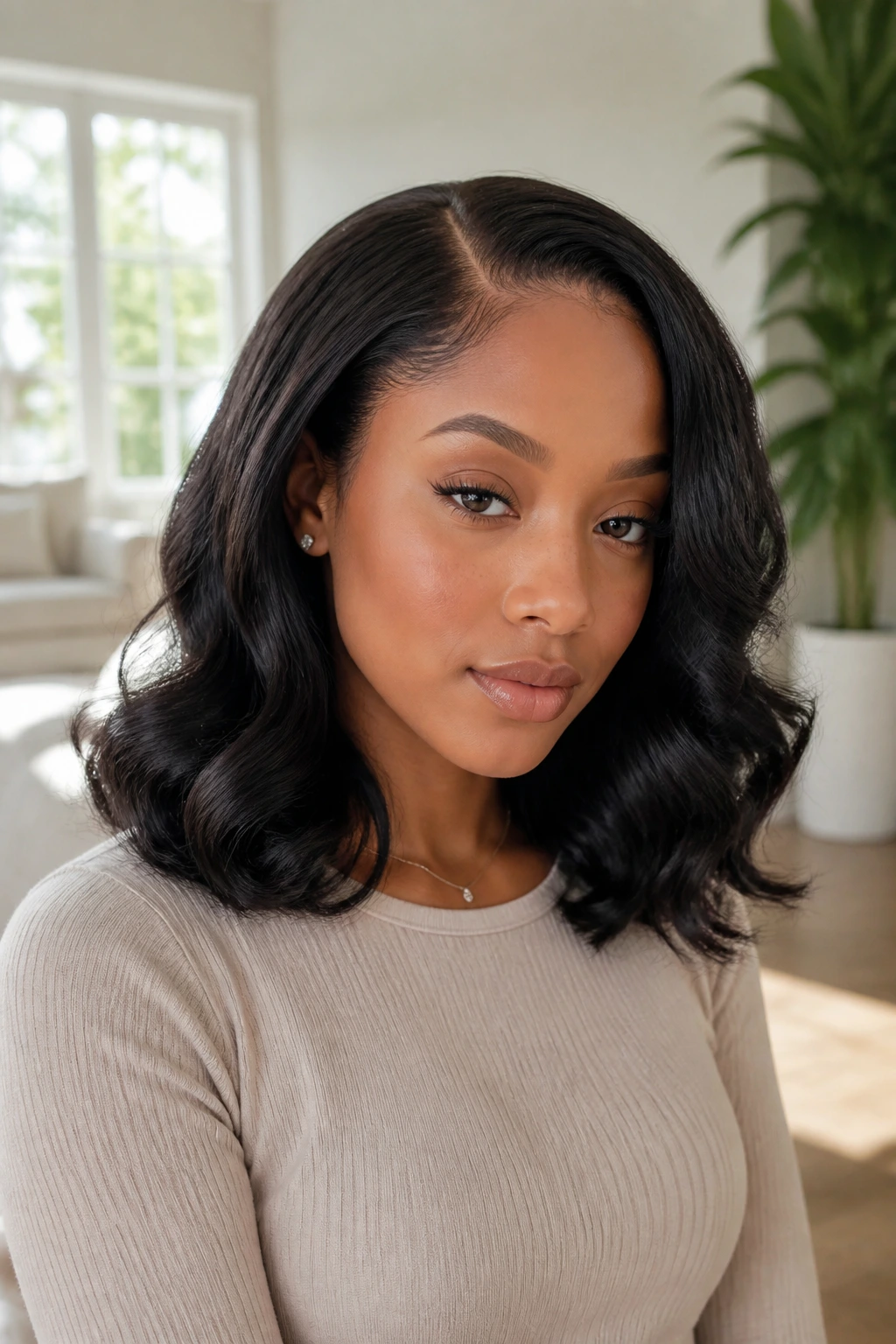 Real woman with shoulder-length body wave sew-in