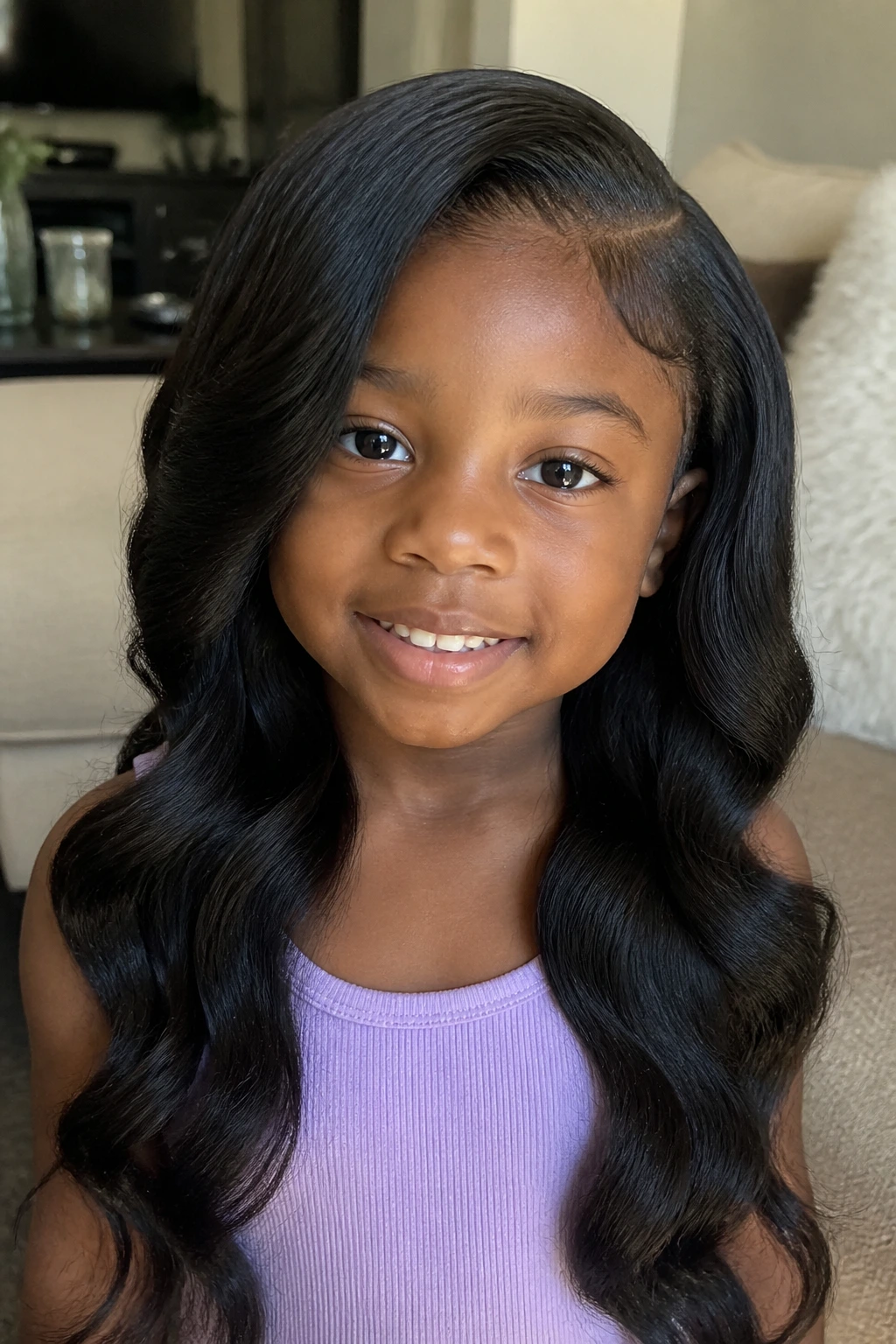 Child with side-part body-wave sew-in hairstyle