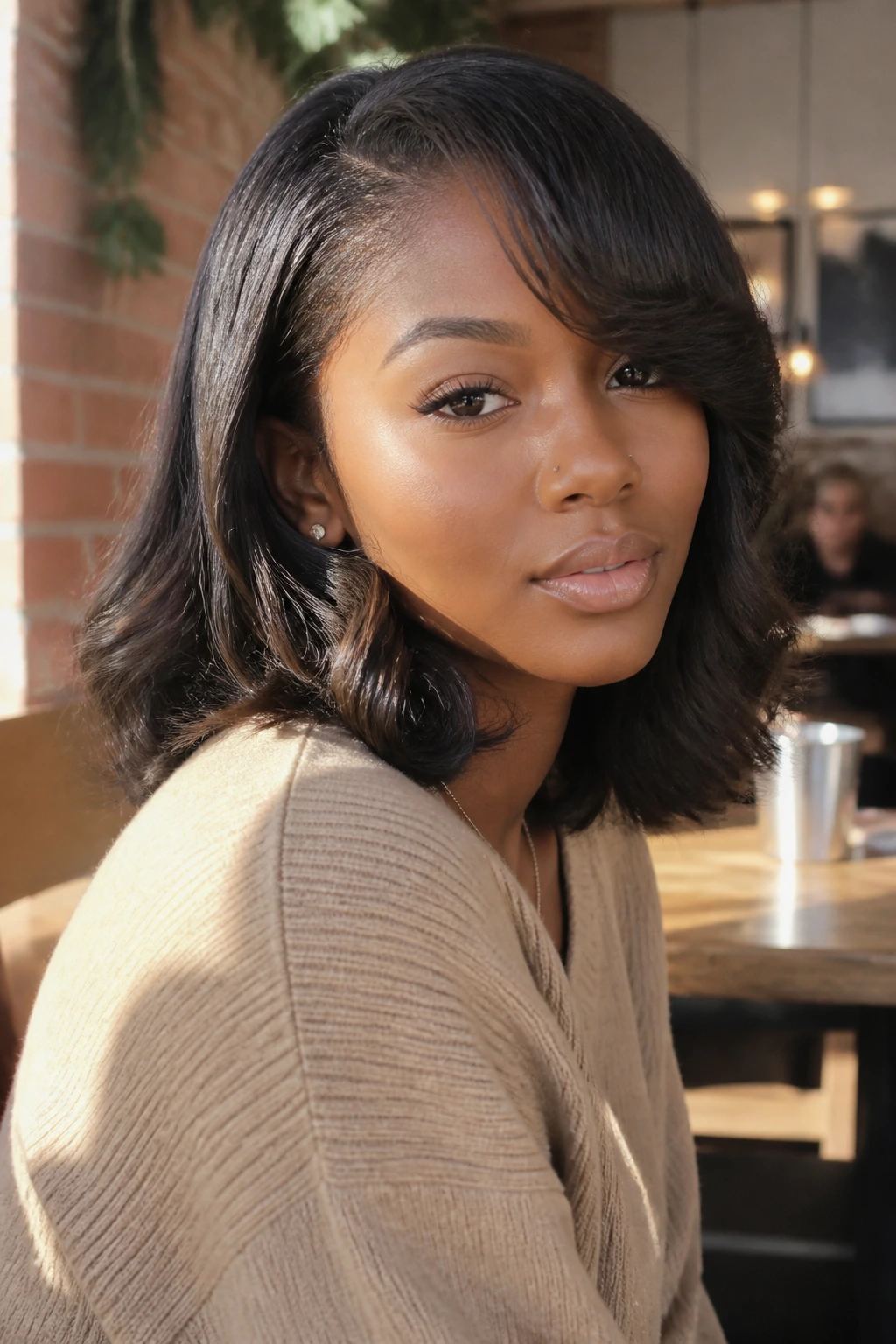Shoulder-length body wave with soft sweep bangs on real woman