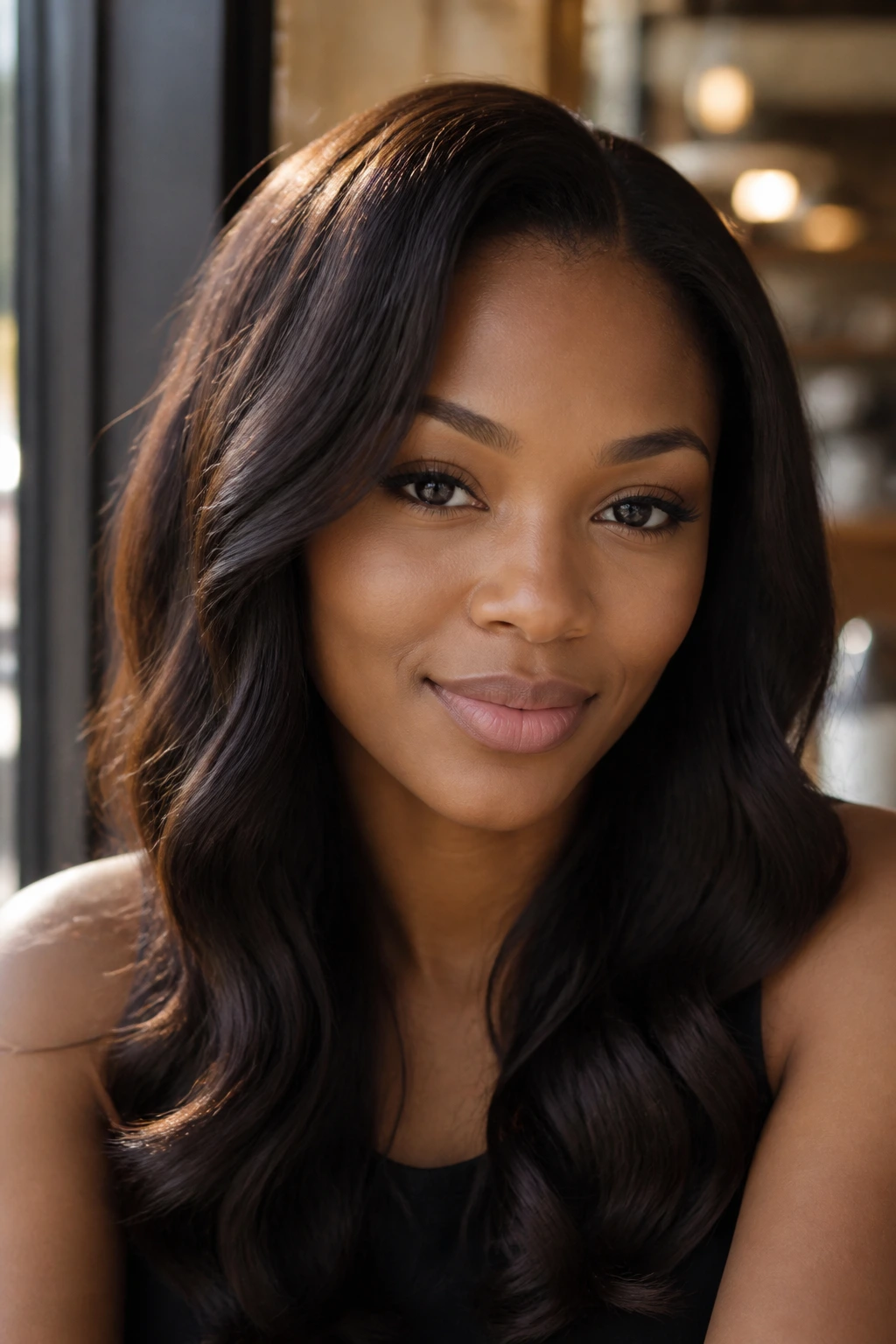 Real woman with body waves framing a heart-shaped face.